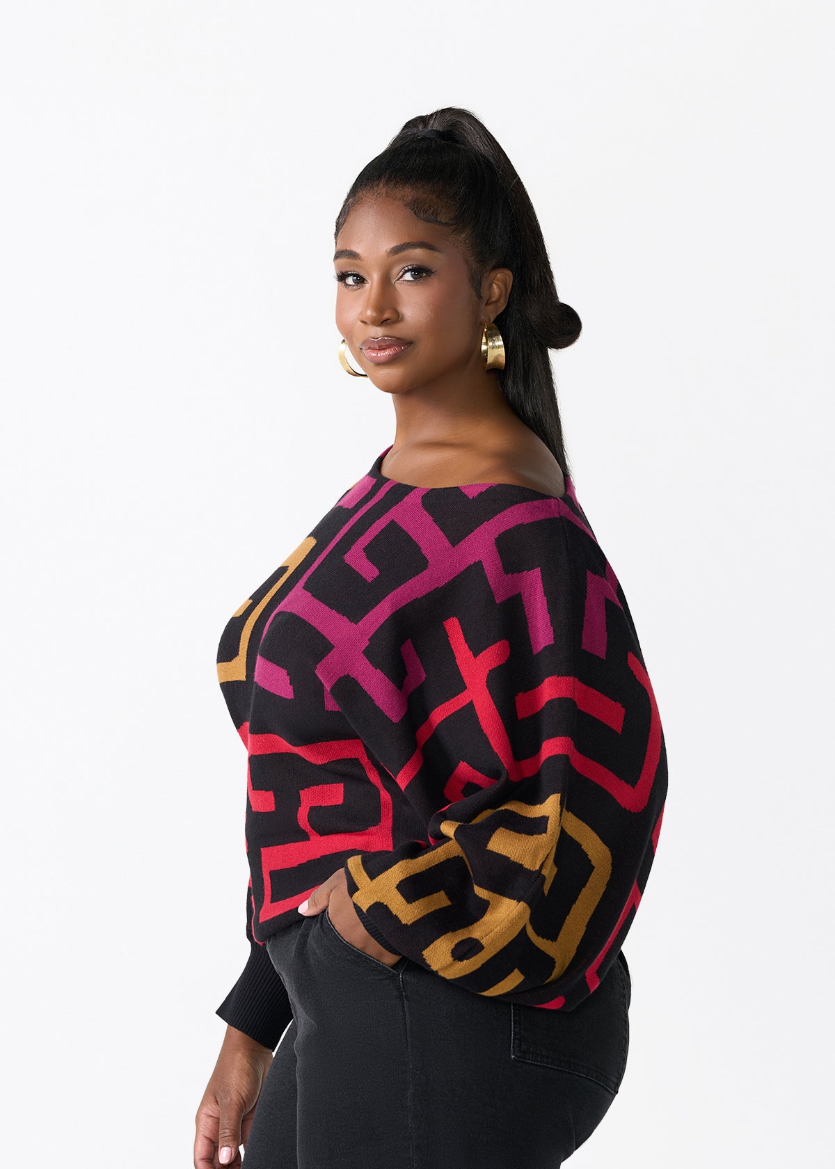 Nafeesa Women's African Print Cropped Sweater (Black Berry Kuba) - D'IYANU