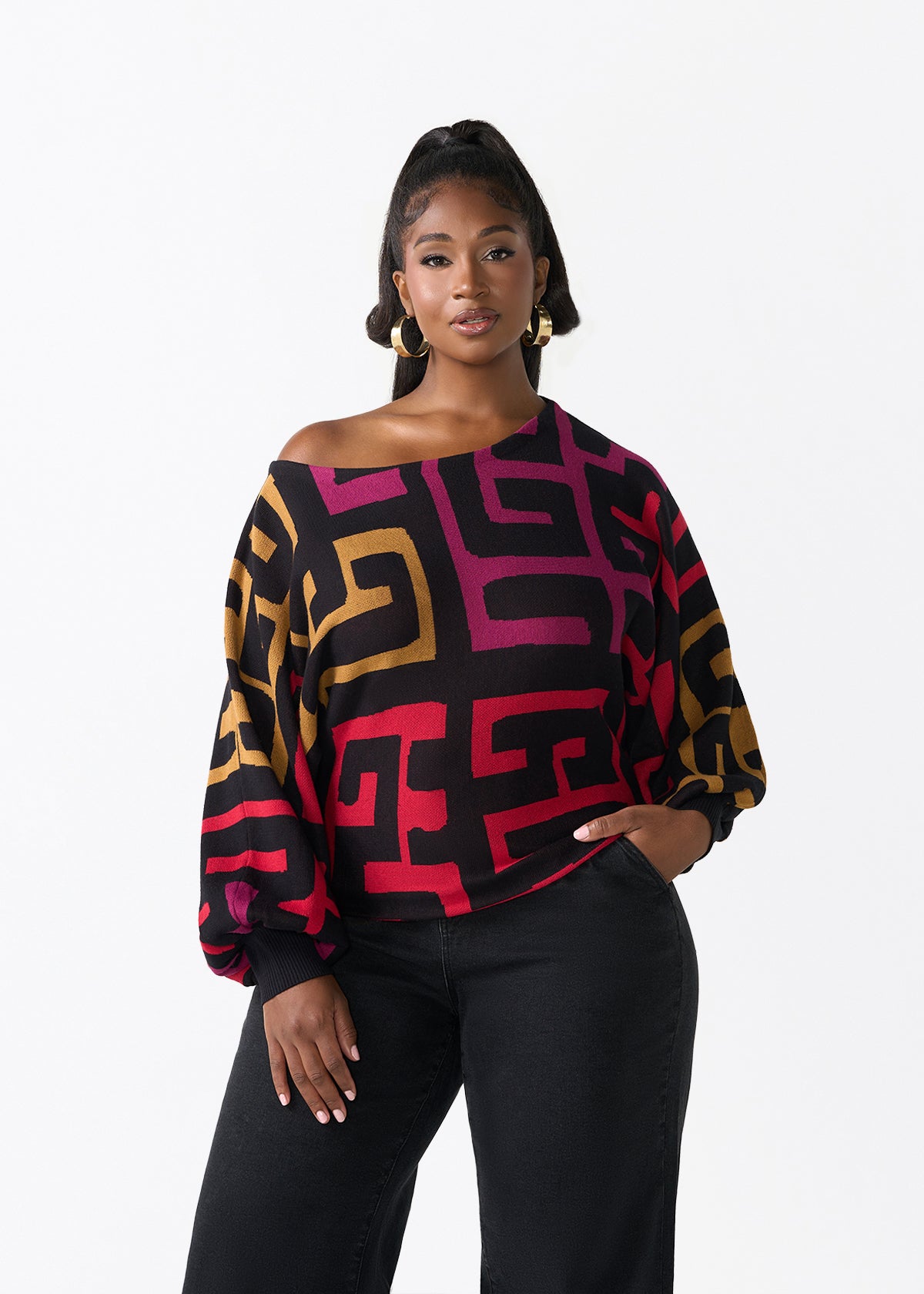 Nafeesa Women's African Print Cropped Sweater (Black Berry Kuba) - D'IYANU