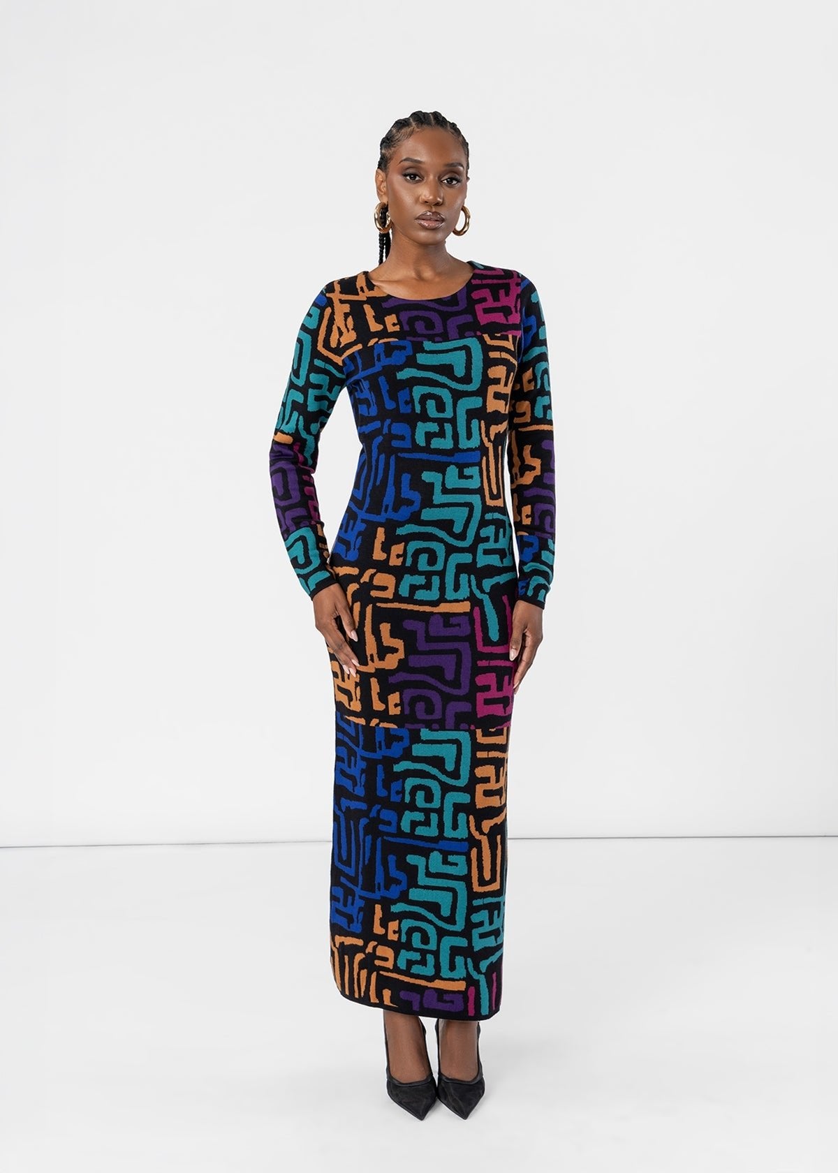 Nazira Women's African Print Maxi Sweater Dress (Ebony Multi Geometric) - D'IYANU