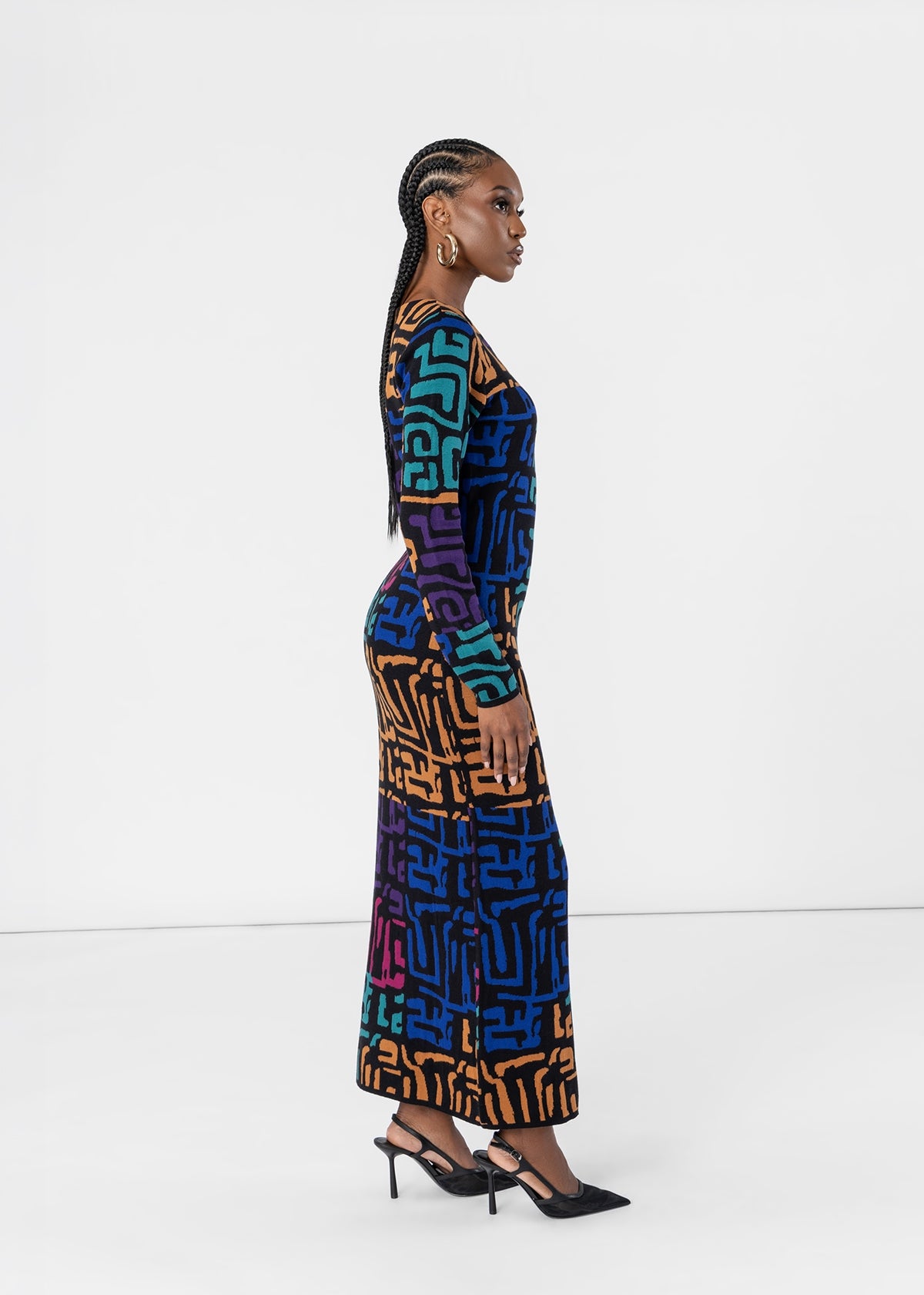 Nazira Women's African Print Maxi Sweater Dress (Ebony Multi Geometric) - D'IYANU