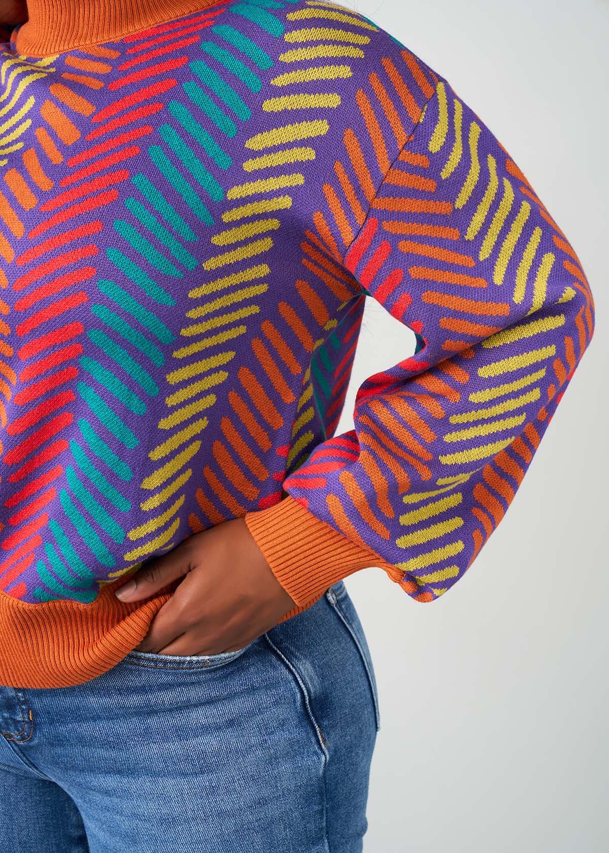 Niambi Women's African Print Crew Neck Sweater (Rainbow Tribal Lines) - D'IYANU