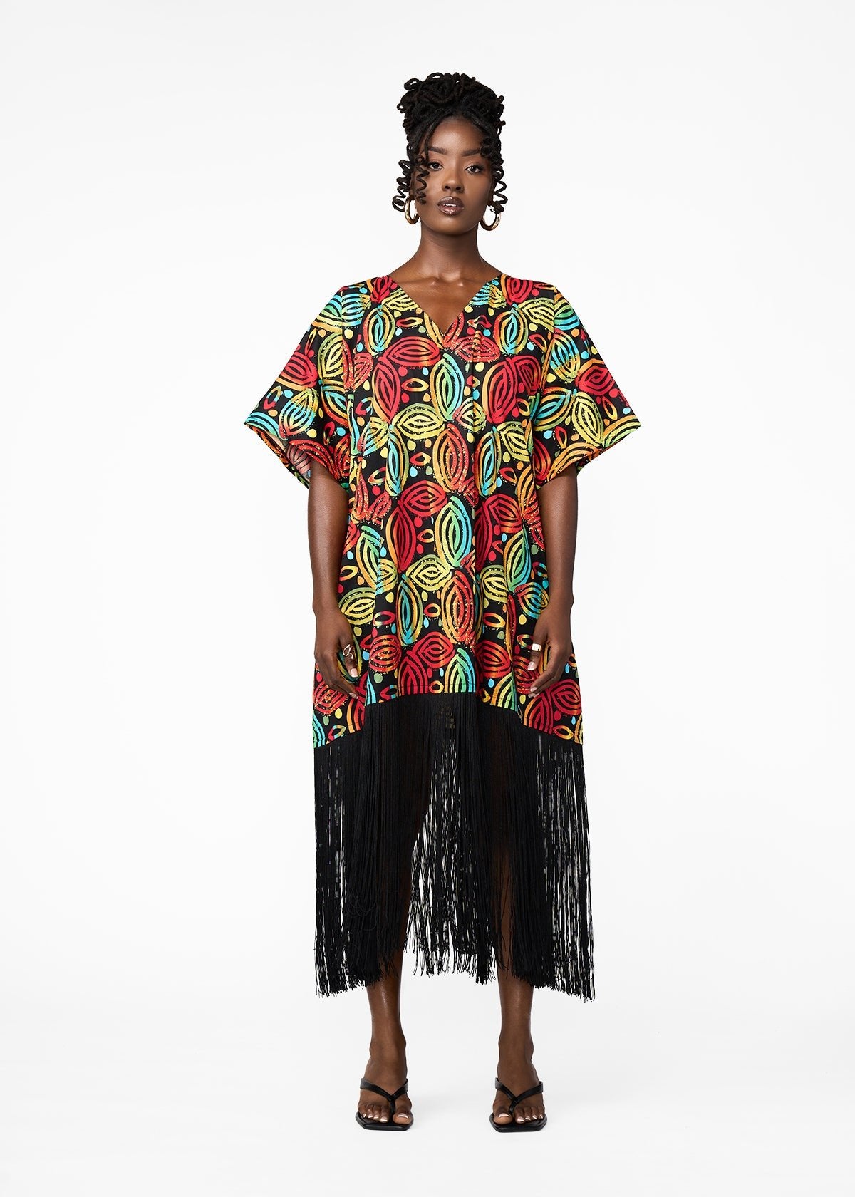 Nima Women's African Print Kaftan With Fringe (Black Rasta Batik) - Clearance - D'IYANU