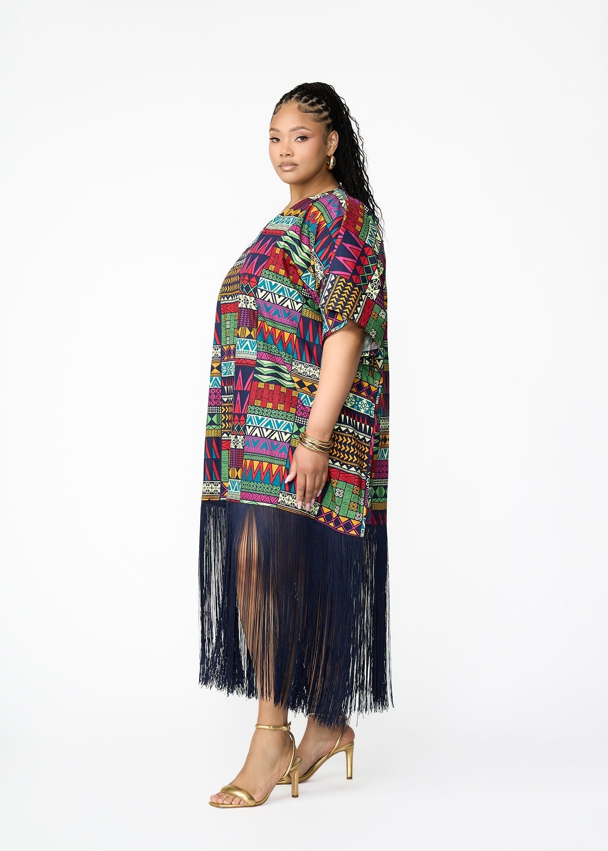 Nima Women's African Print Kaftan with Fringe (Green Navy Kente) - Clearance - D'IYANU
