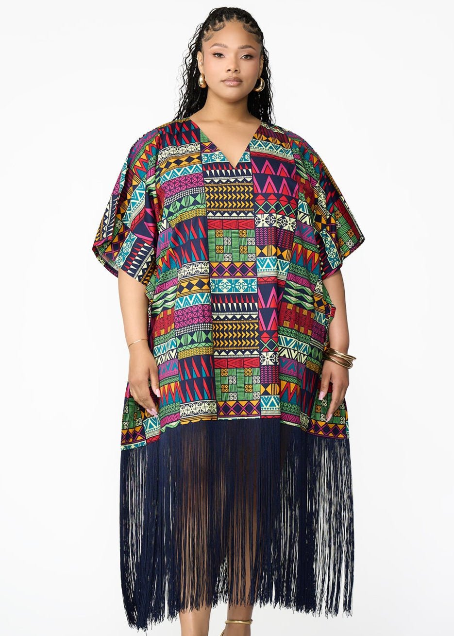 Nima Women's African Print Kaftan with Fringe (Green Navy Kente) - Clearance - D'IYANU