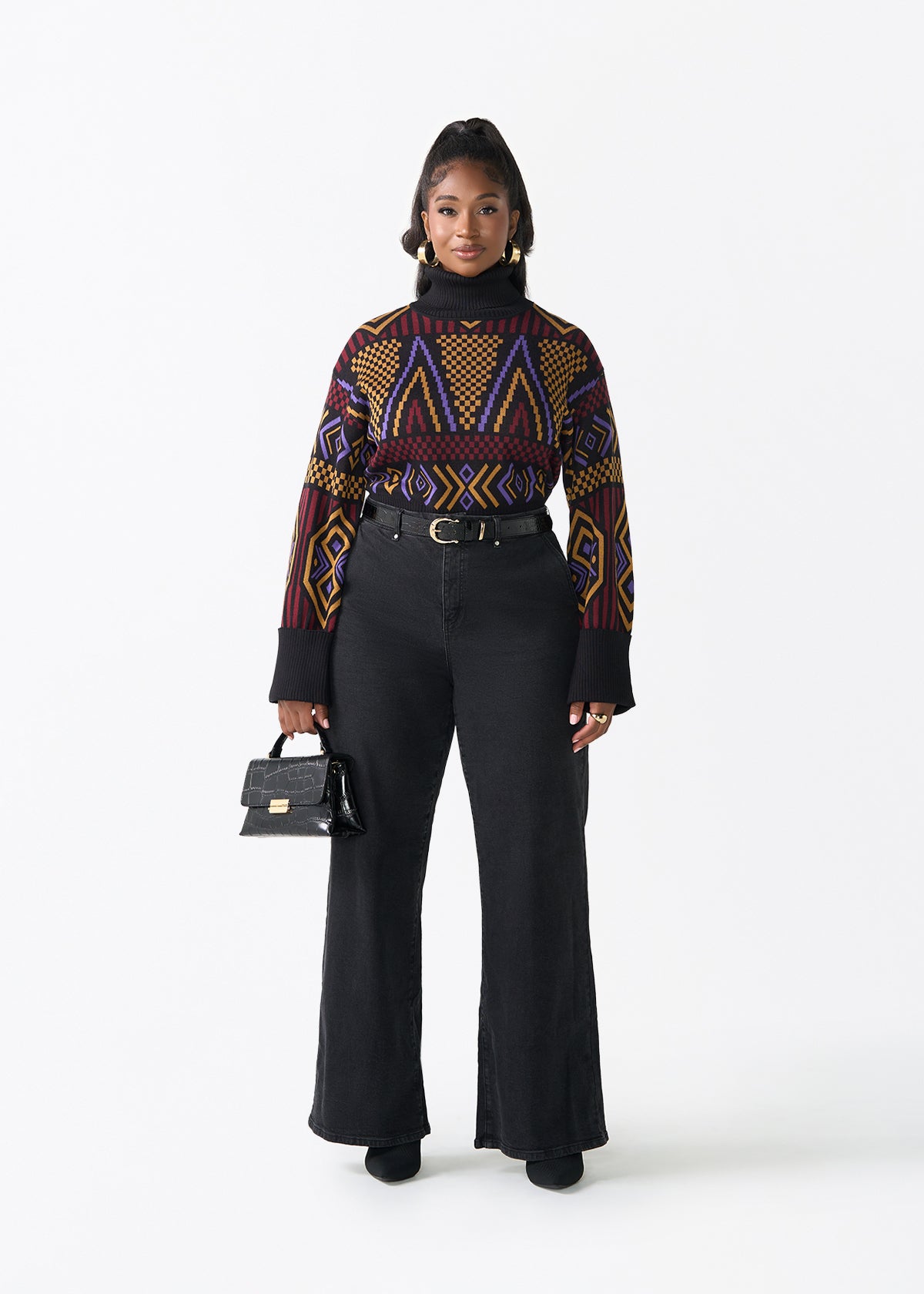Noma Women's African Print Cropped Turtleneck Sweater (Black Burgundy Tribal) - D'IYANU
