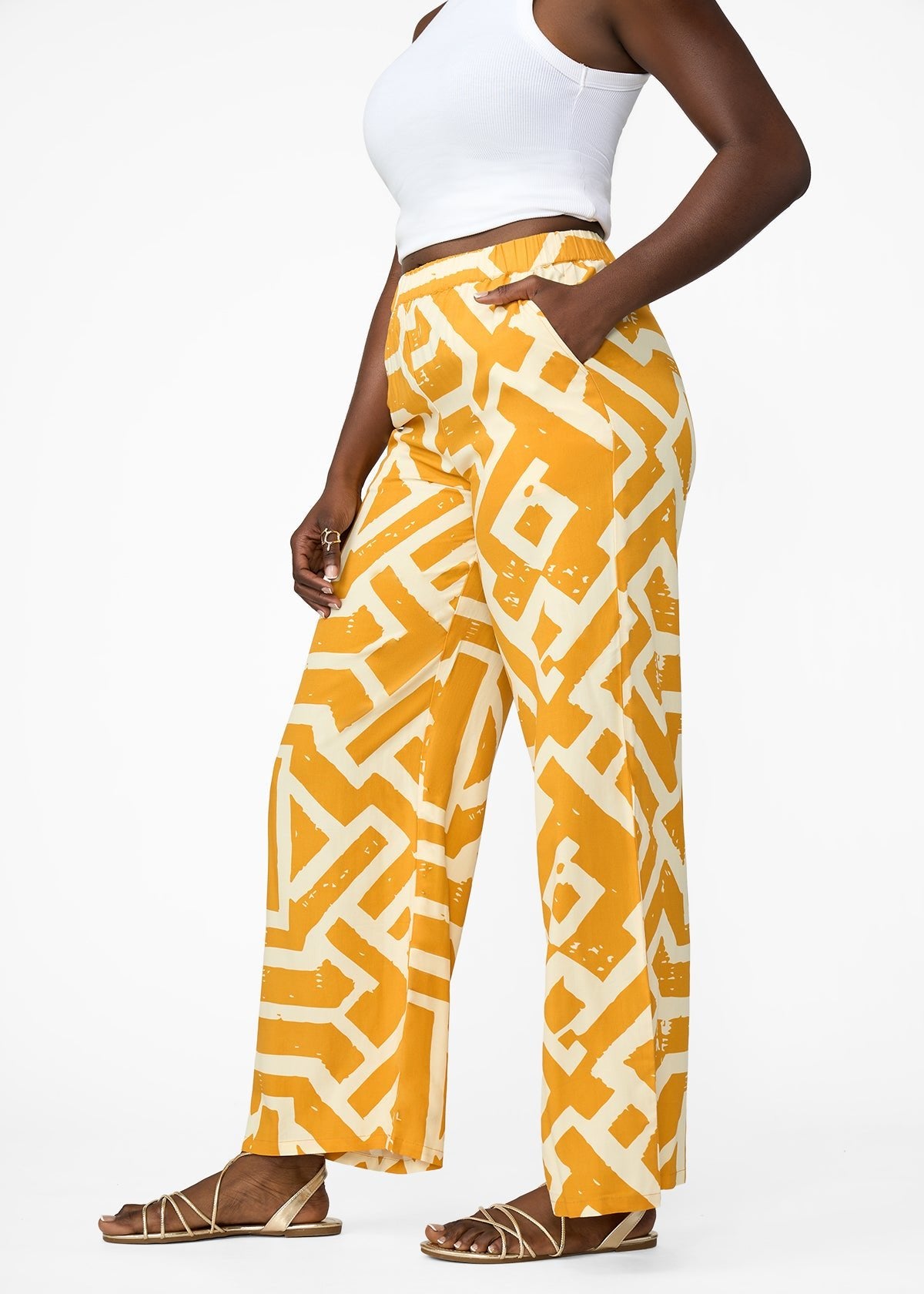 Nomusa Women's African Print Wide Leg Pants (Gold Cream Tribal)