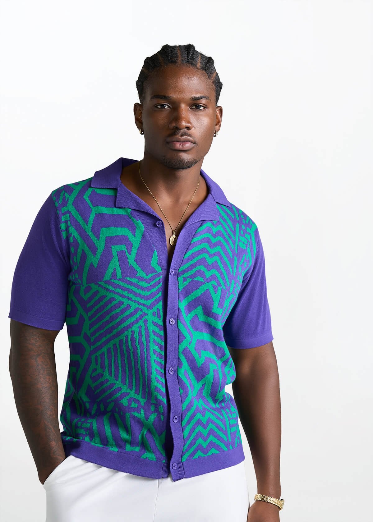 Obi Men's African Print Knit Shirt (Purple Turquoise Multipattern) - D'IYANU