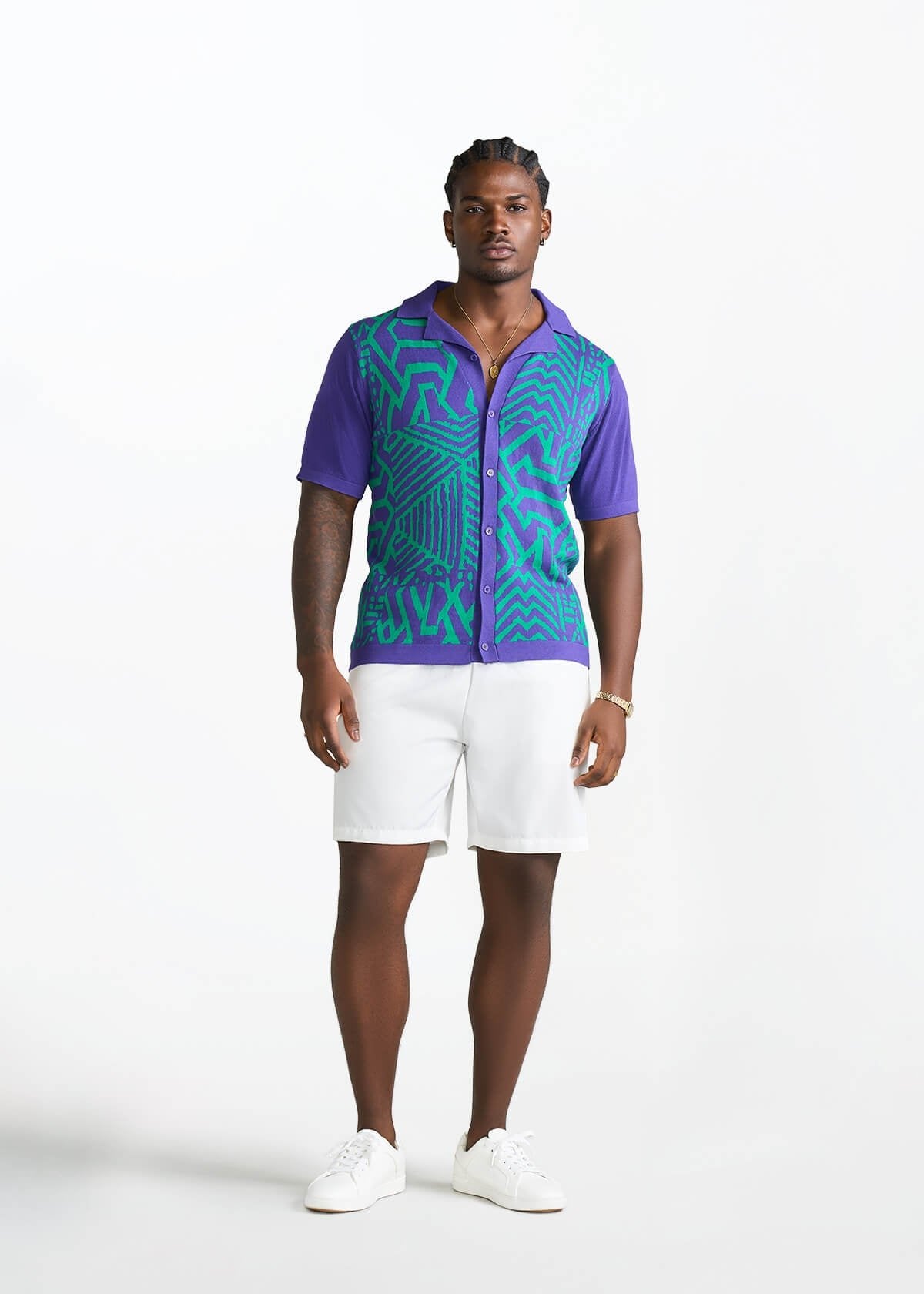 Obi Men's African Print Knit Shirt (Purple Turquoise Multipattern) - D'IYANU