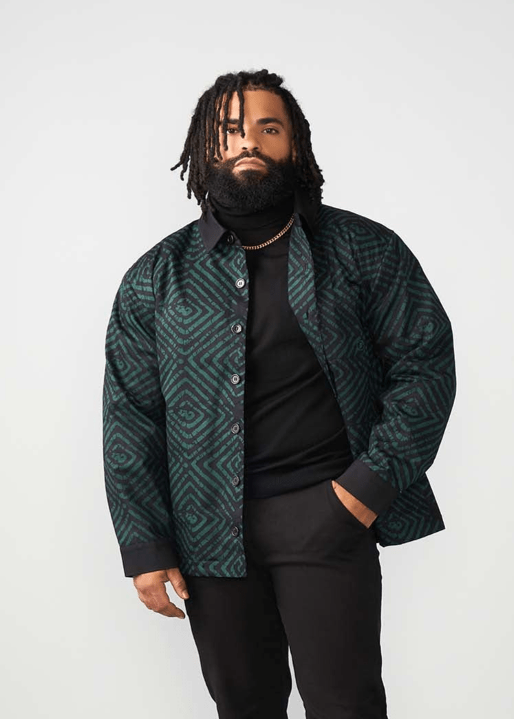 Obike Men's African Print Shirt Jacket (Malachite Diamond Adire) - Clearance - D'IYANU