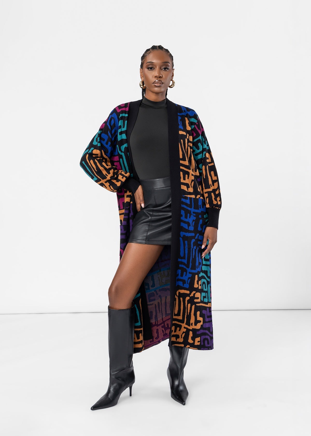 Olayemi Women's African Print Cardigan Sweater (Ebony Multi Geometric) - D'IYANU