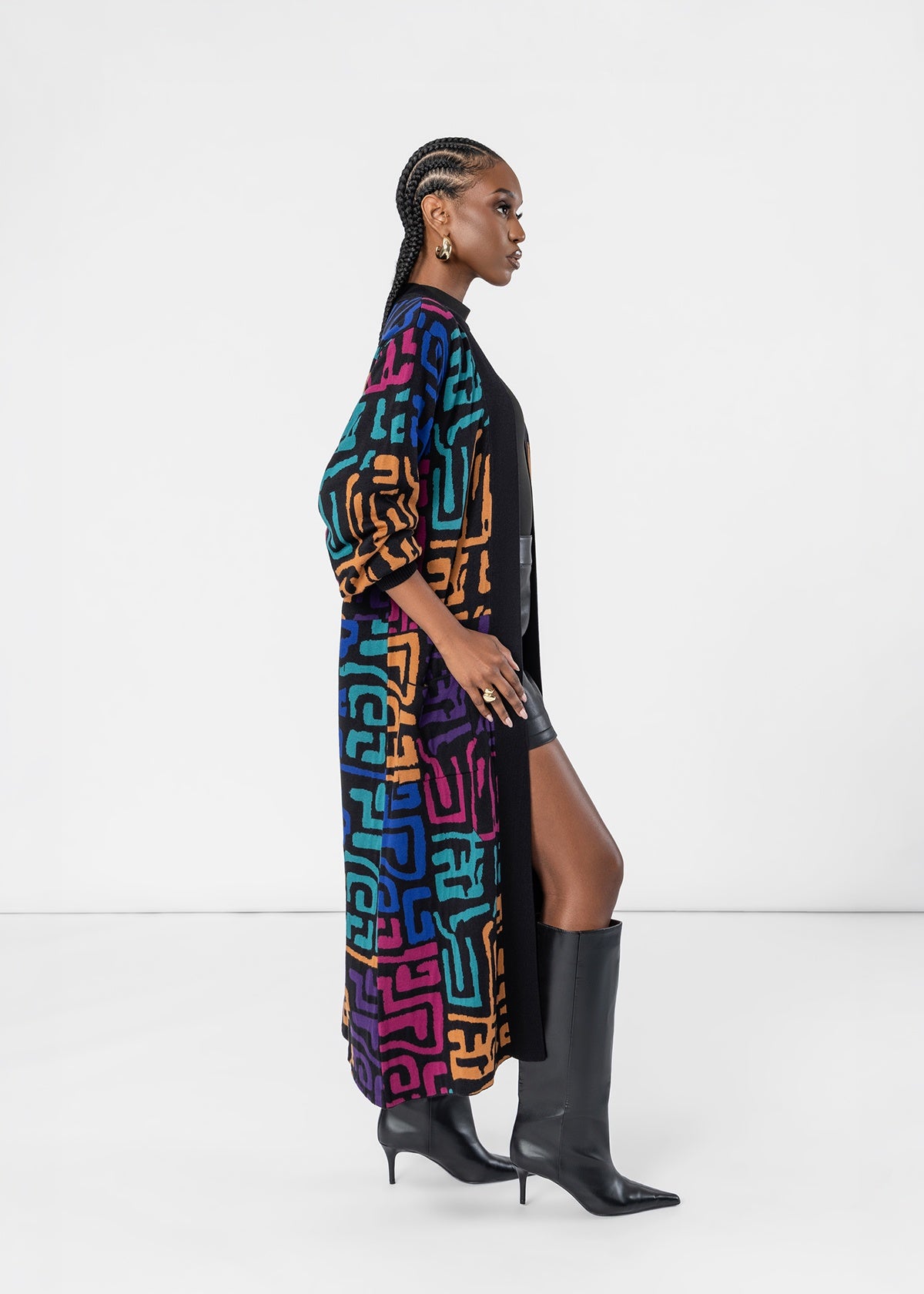 Olayemi Women's African Print Cardigan Sweater (Ebony Multi Geometric) - D'IYANU