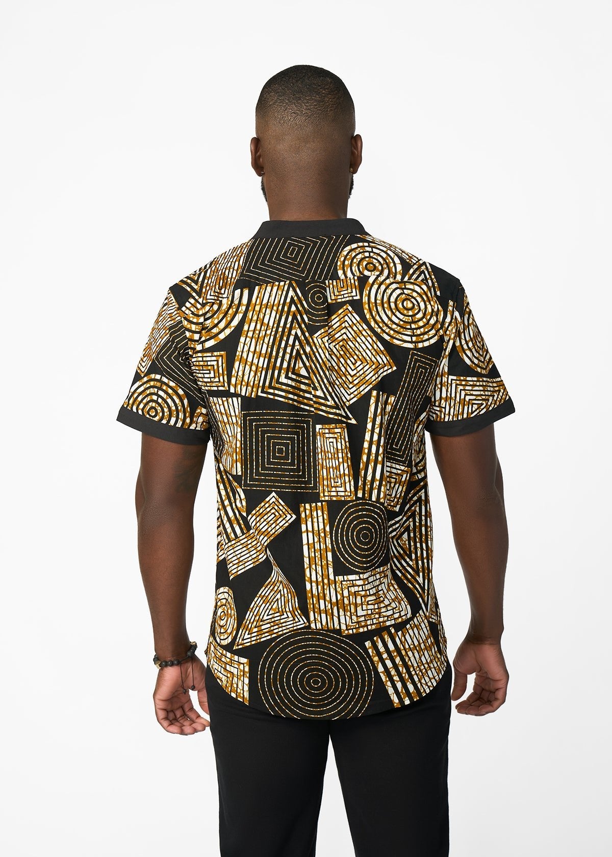 Olu Short Sleeve Mandarin Button-Up African Print Shirt (Black Brown Geometric) - D'IYANU