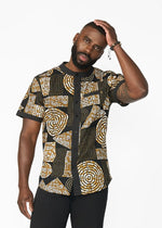 Olu Short Sleeve Mandarin Button-Up African Print Shirt (Black Brown Geometric) - D'IYANU