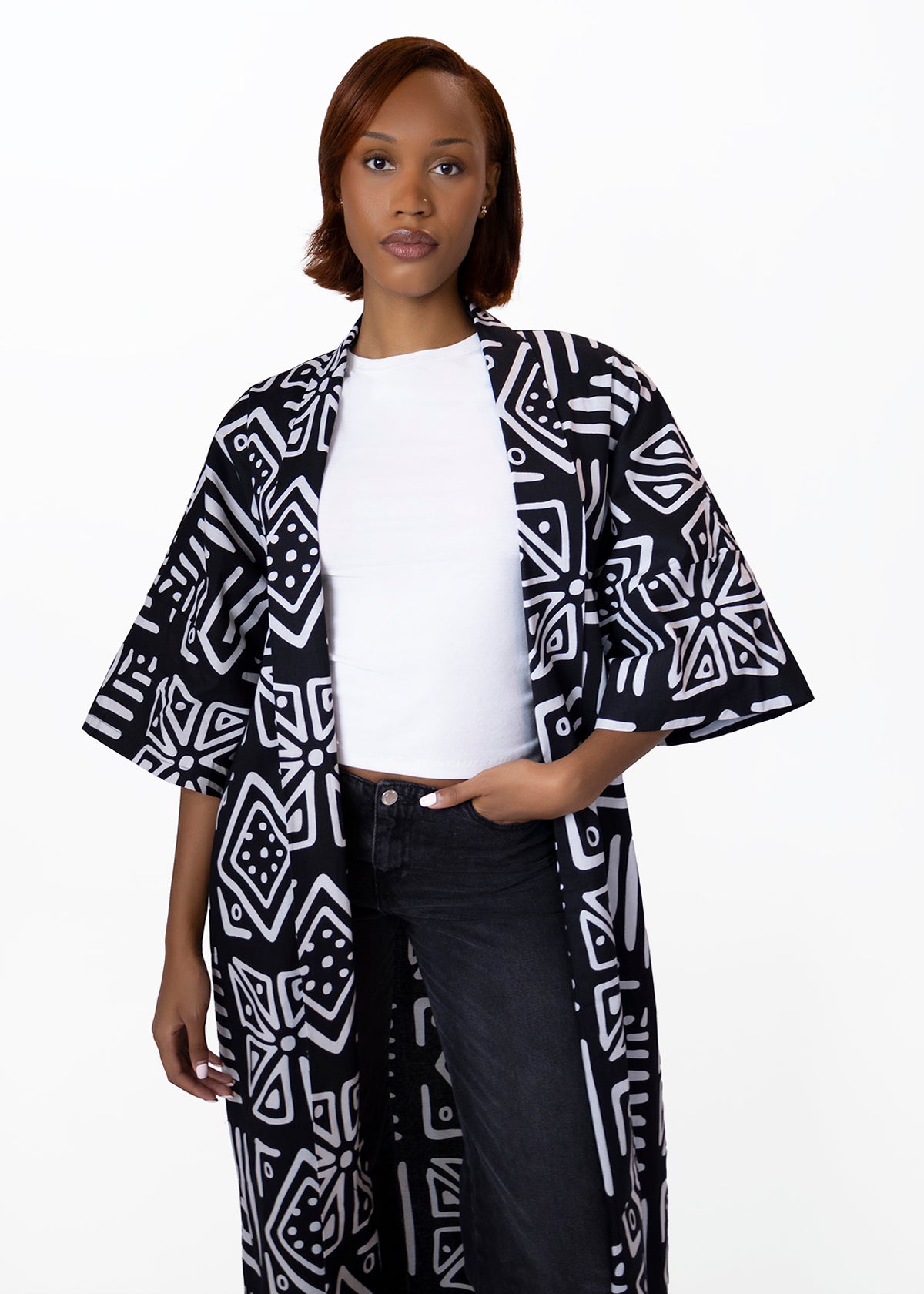 Ondina Women's African Print Kimono (Grayscale Tribal) - D'IYANU