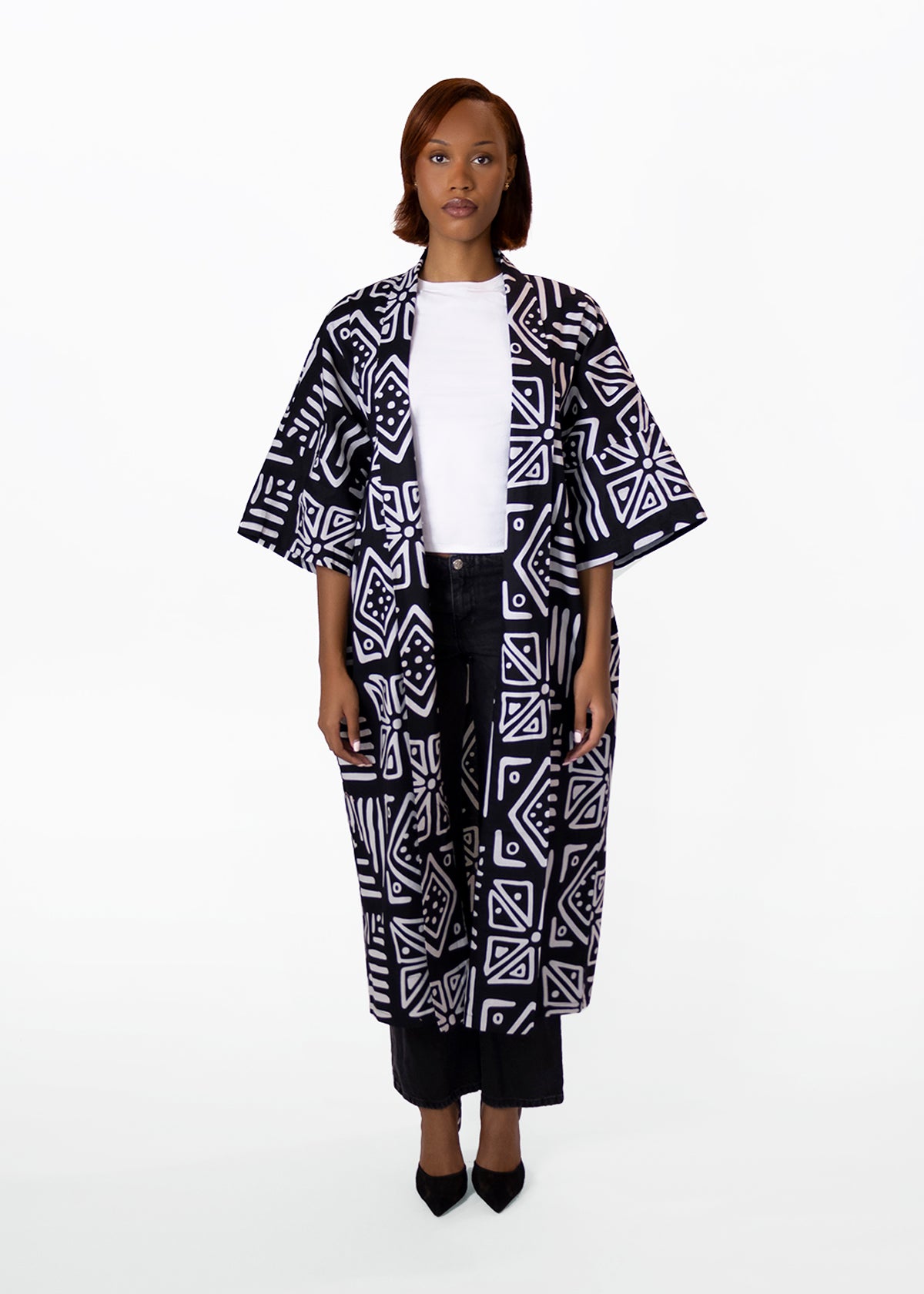 Ondina Women's African Print Kimono (Grayscale Tribal) - D'IYANU