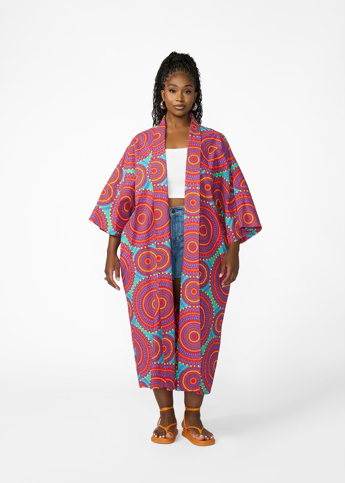 Ondina Women's African Print Kimono (Turquoise Red Circles) - D'IYANU