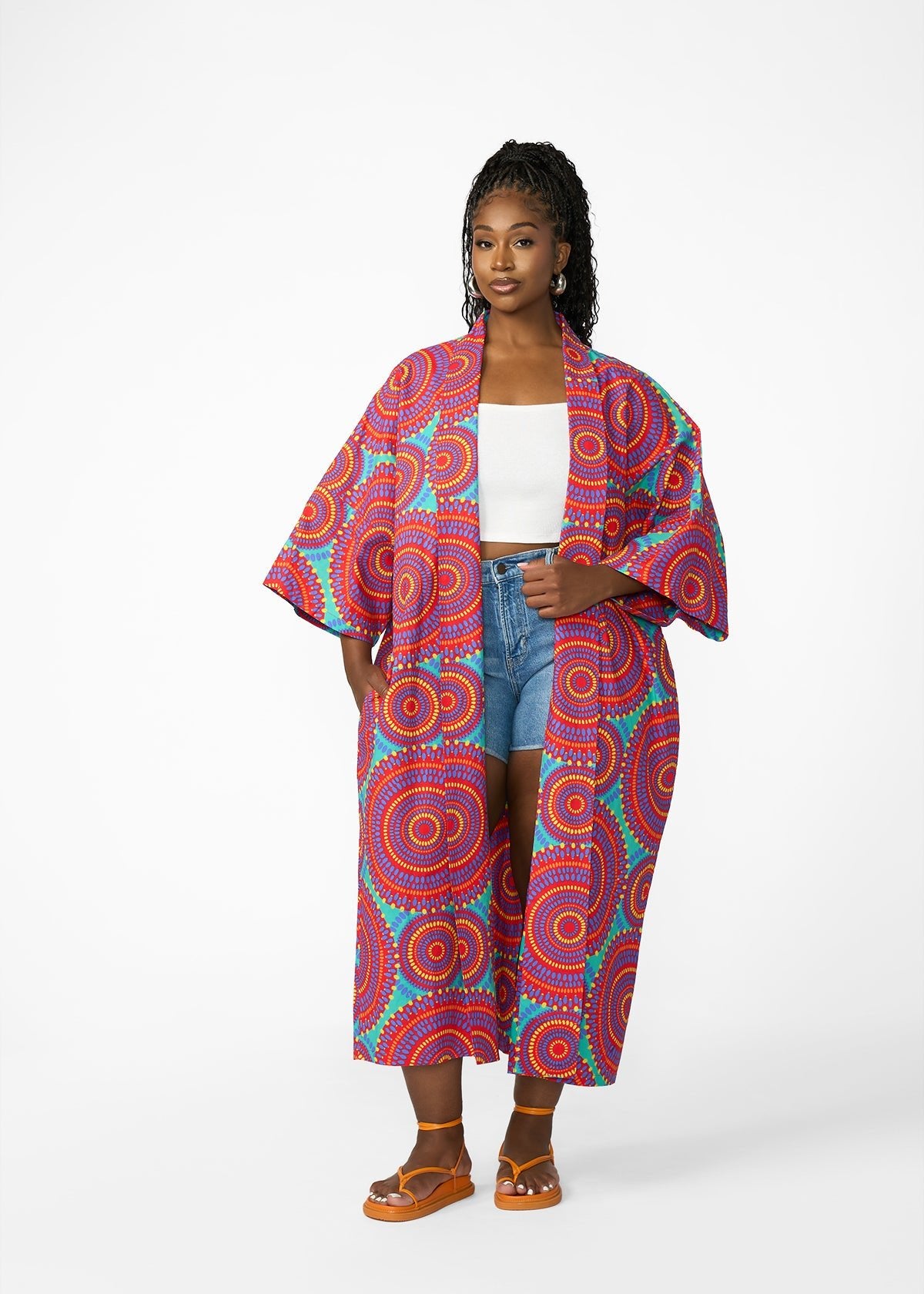 Ondina Women's African Print Kimono (Turquoise Red Circles) - D'IYANU