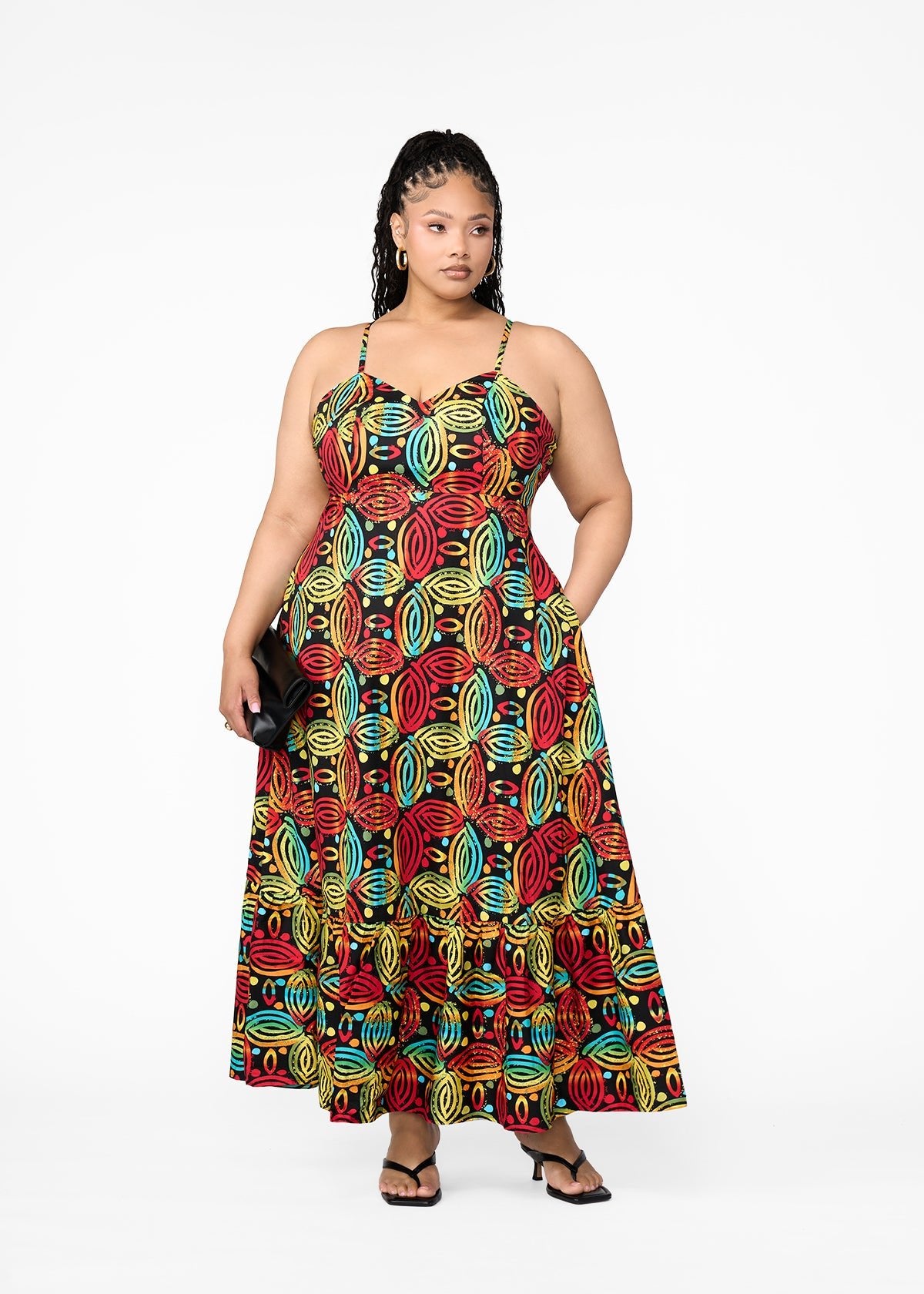 Oneyka Women's African Print Cut-Out Maxi Dress (Black Rasta Batik) - D'IYANU