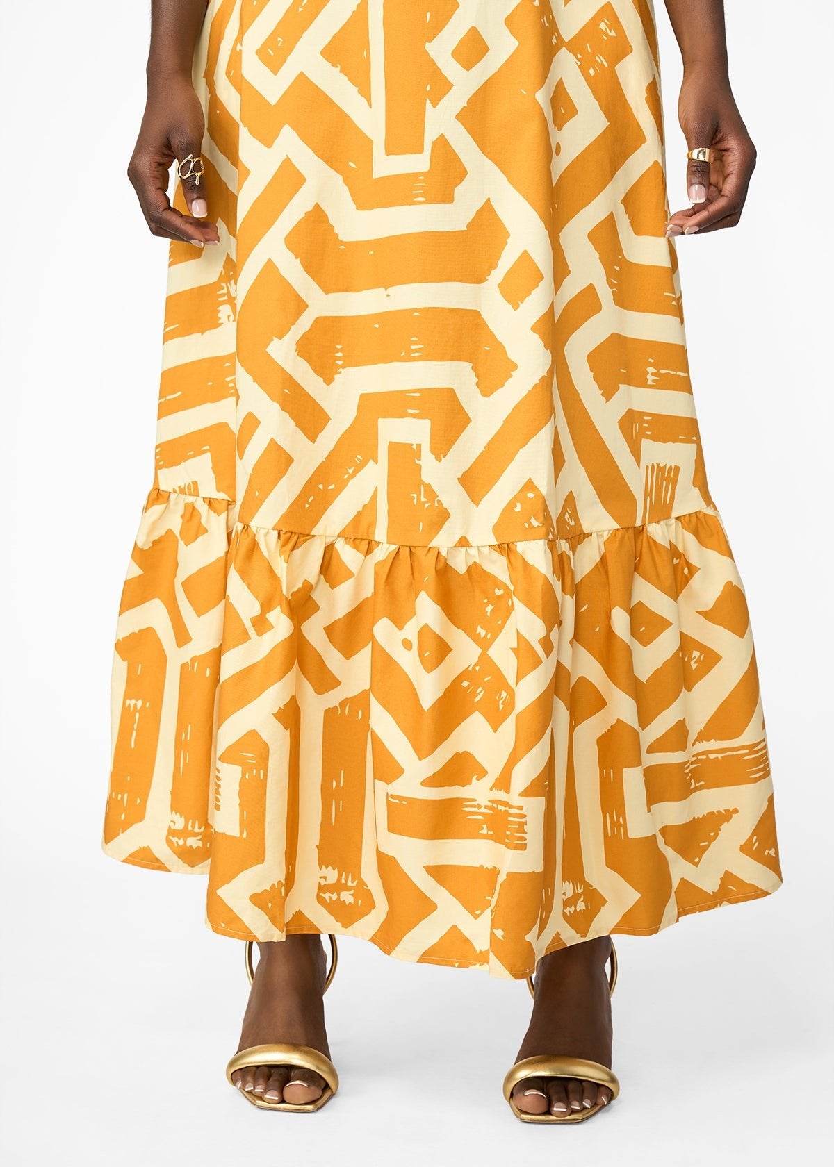 Oneyka Women's African Print Cut-Out Maxi Dress (Gold Cream Tribal) - D'IYANU