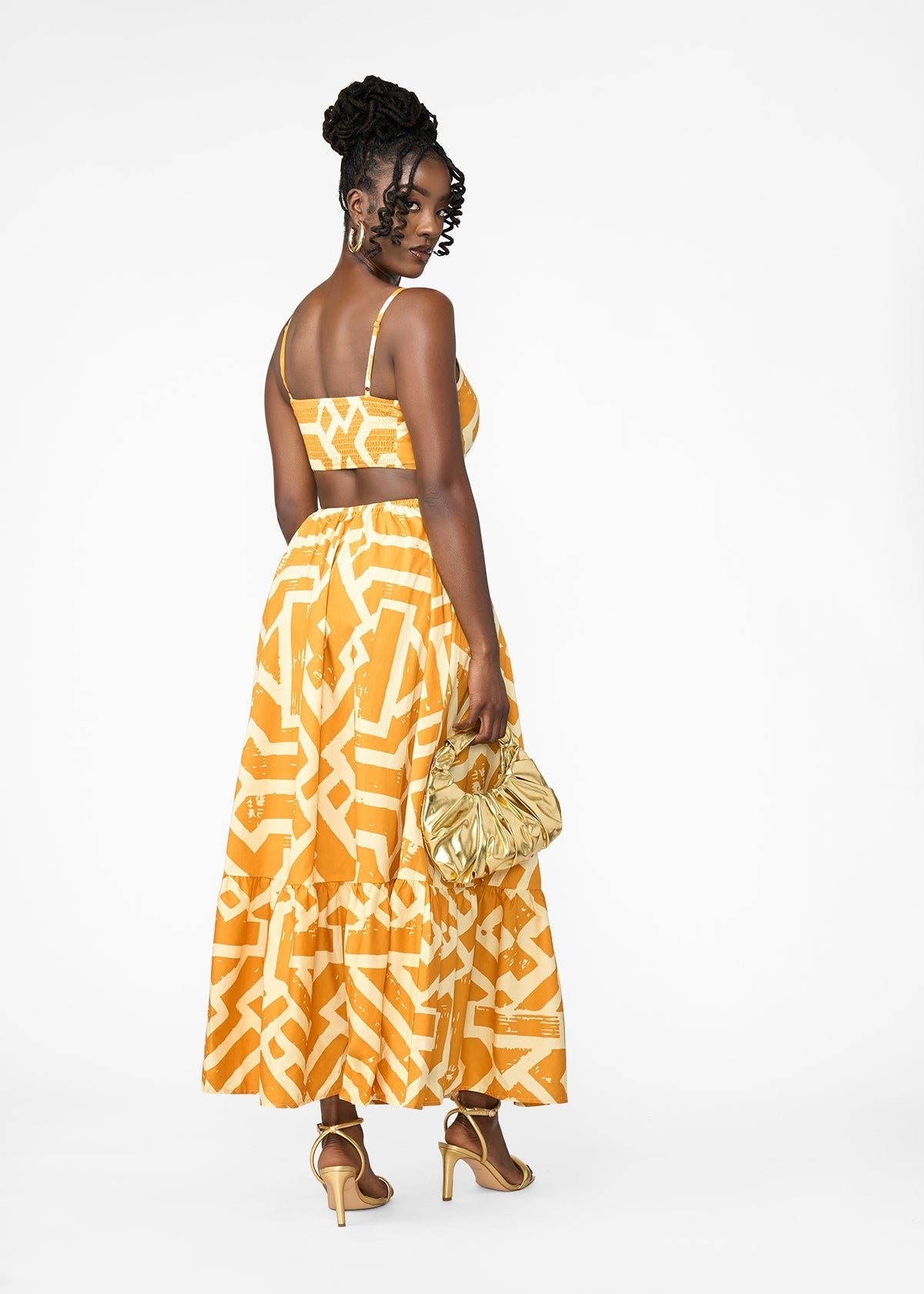 Oneyka Women's African Print Cut-Out Maxi Dress (Gold Cream Tribal) - D'IYANU
