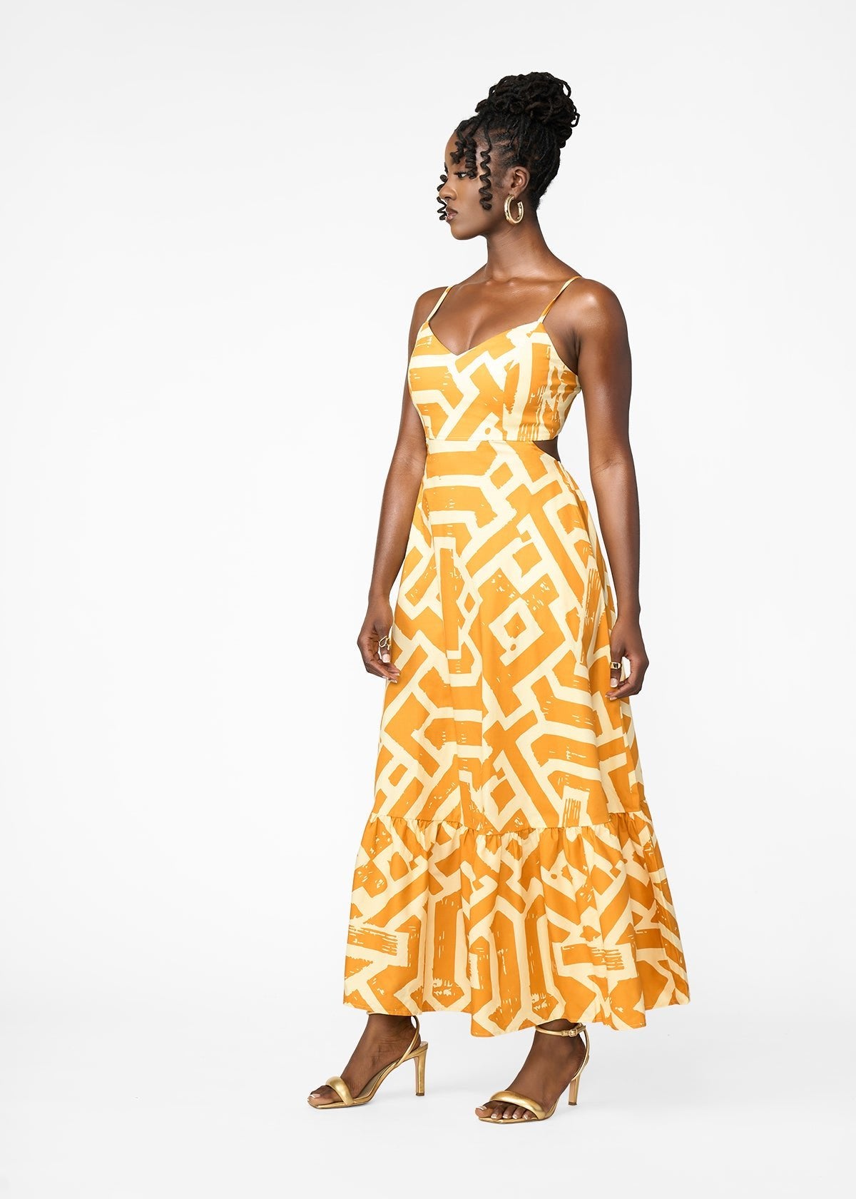 Oneyka Women's African Print Cut-Out Maxi Dress (Gold Cream Tribal) - D'IYANU