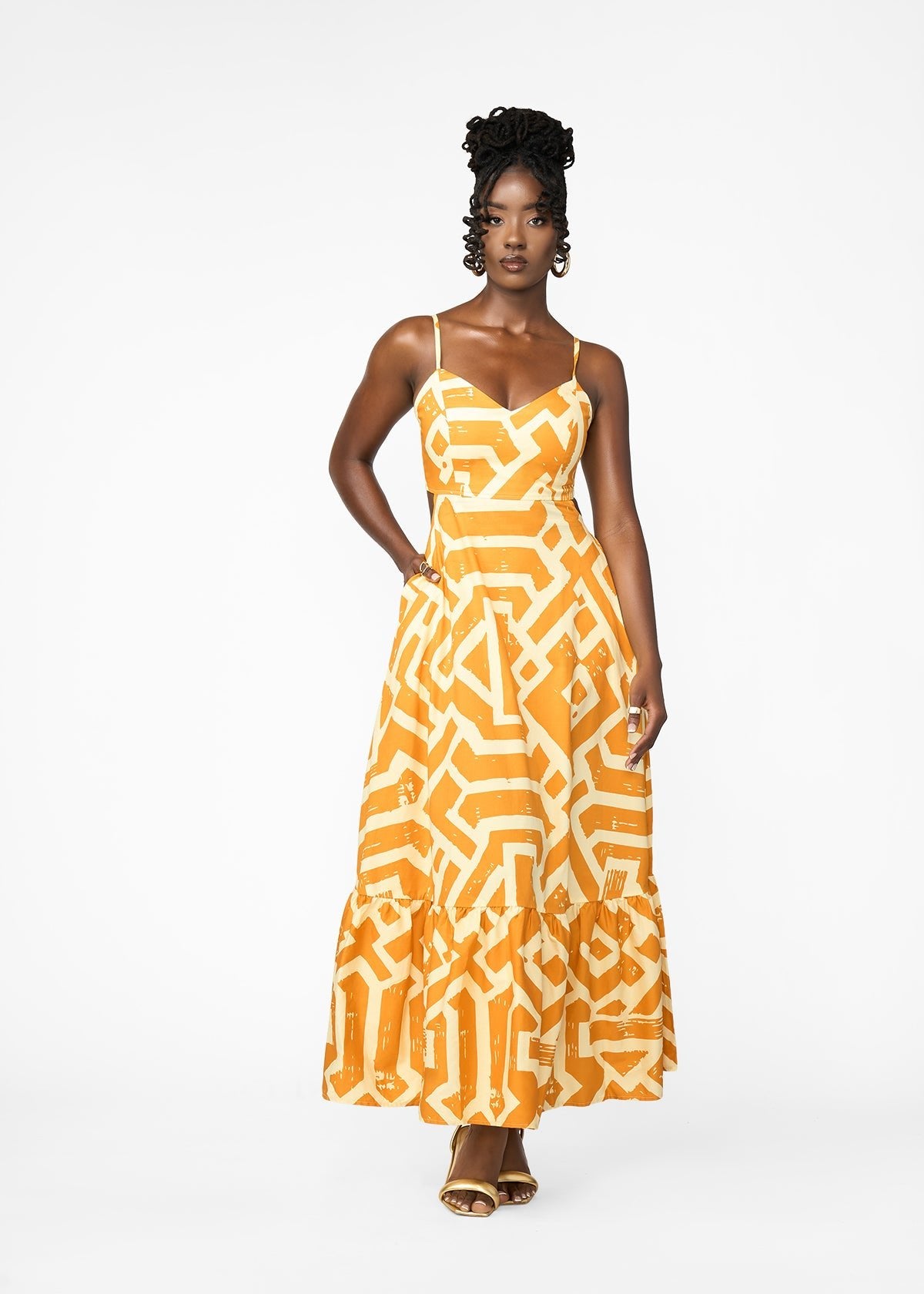 Oneyka Women's African Print Cut-Out Maxi Dress (Gold Cream Tribal) - D'IYANU