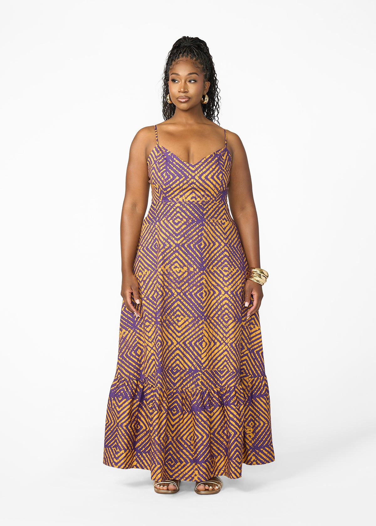 Oneyka Women's African Print Cut-Out Maxi Dress (Purple Diamond Adire) - D'IYANU