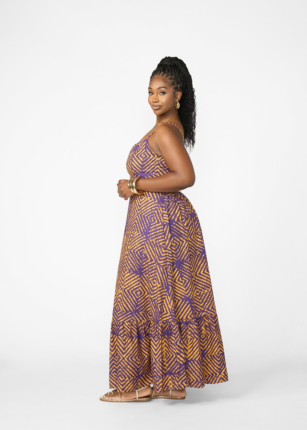 Oneyka Women's African Print Cut-Out Maxi Dress (Purple Diamond Adire) - D'IYANU