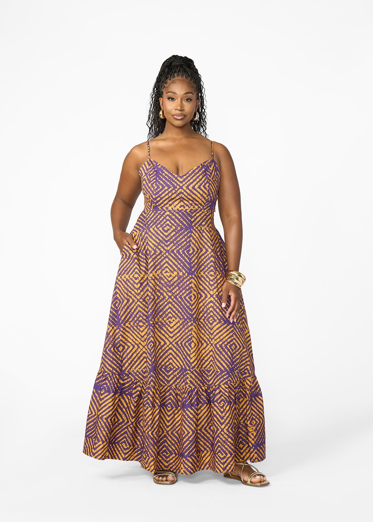 Oneyka Women's African Print Cut-Out Maxi Dress (Purple Diamond Adire) - D'IYANU