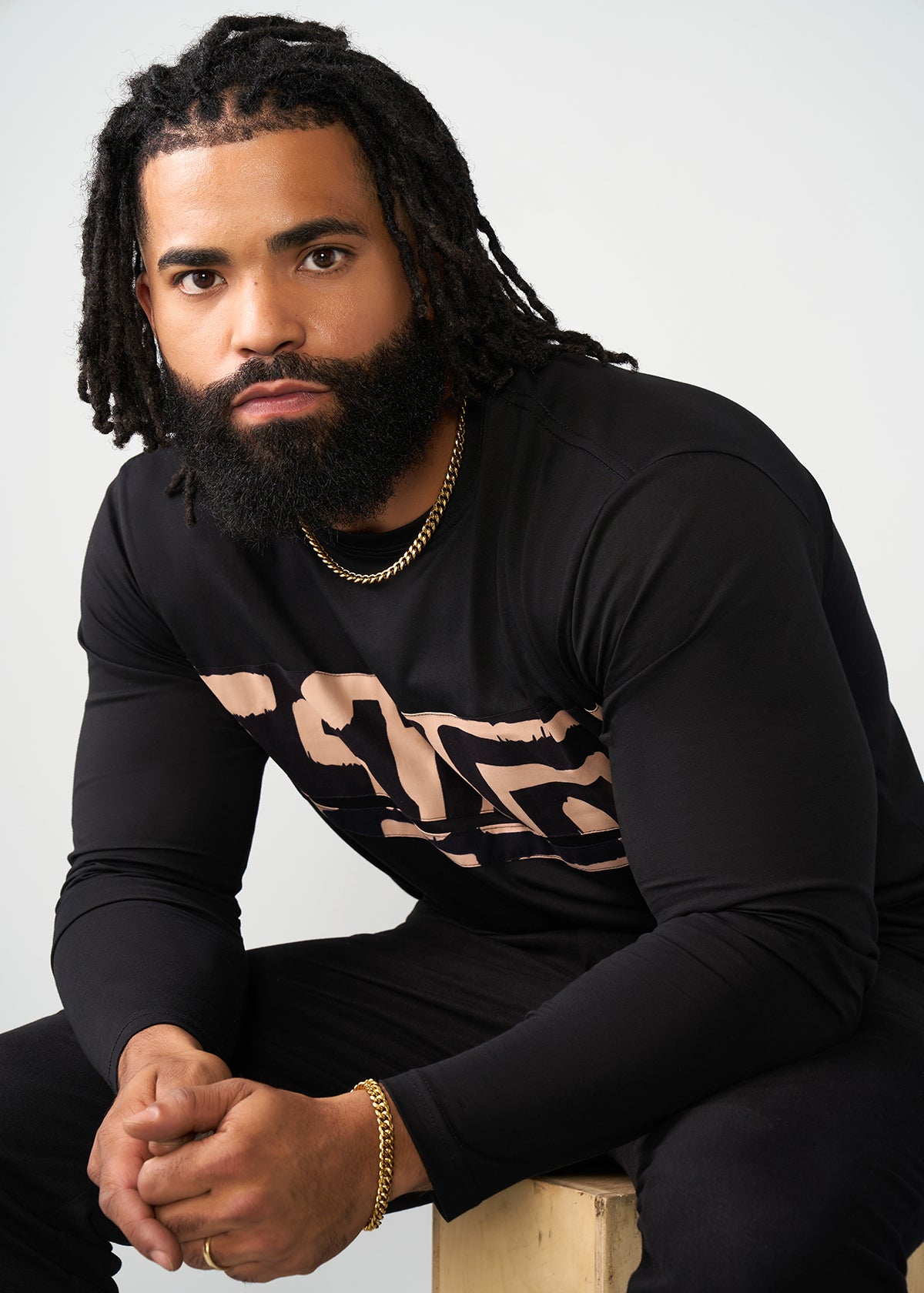 Ore Men's African Print Applique T-Shirt (Black Tan Geometric) - D'IYANU