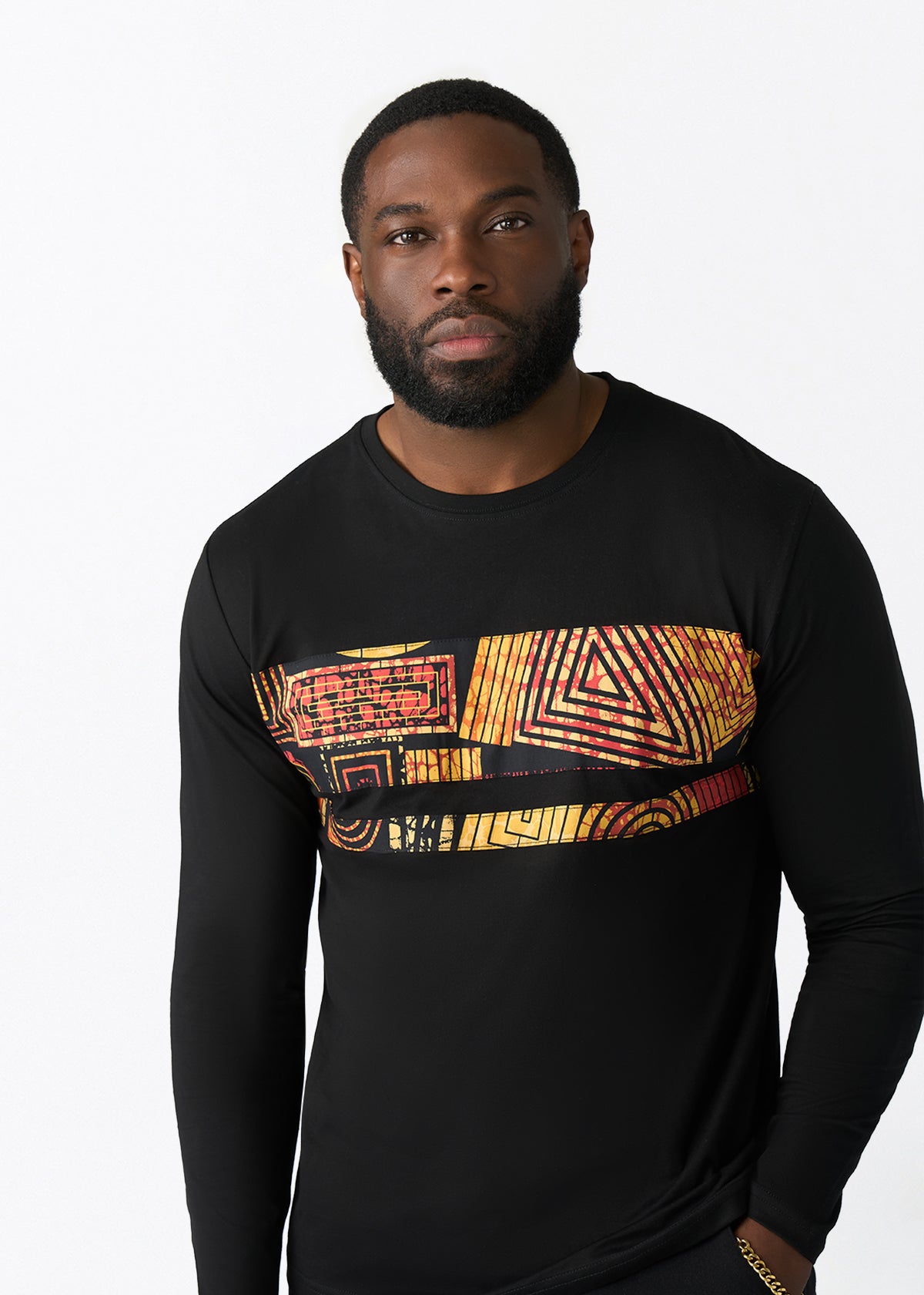 Ore Men's African Print Applique T-shirt (Black Cinnamon Geometric) - D'IYANU
