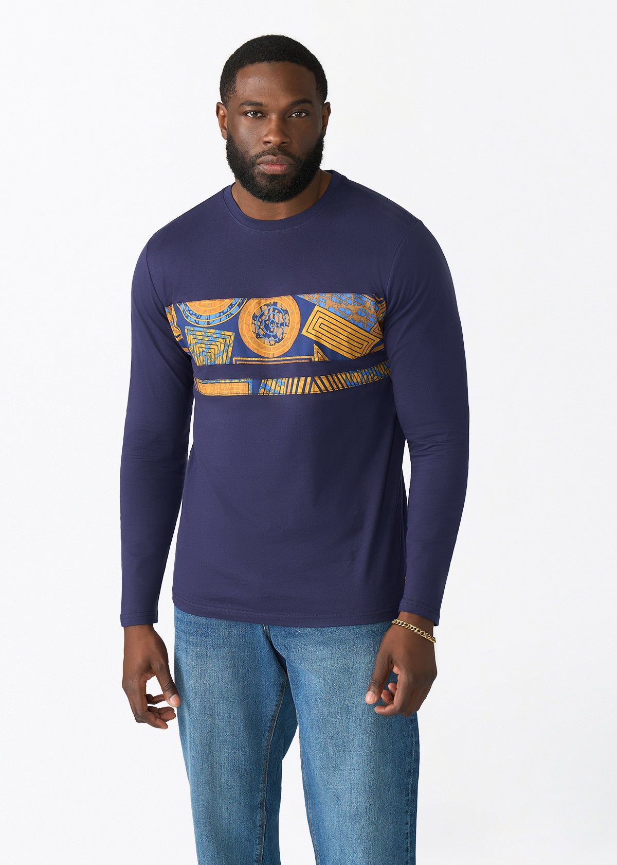 Ore Men's African Print Applique T-shirt (Royal Blue Geometric) - D'IYANU