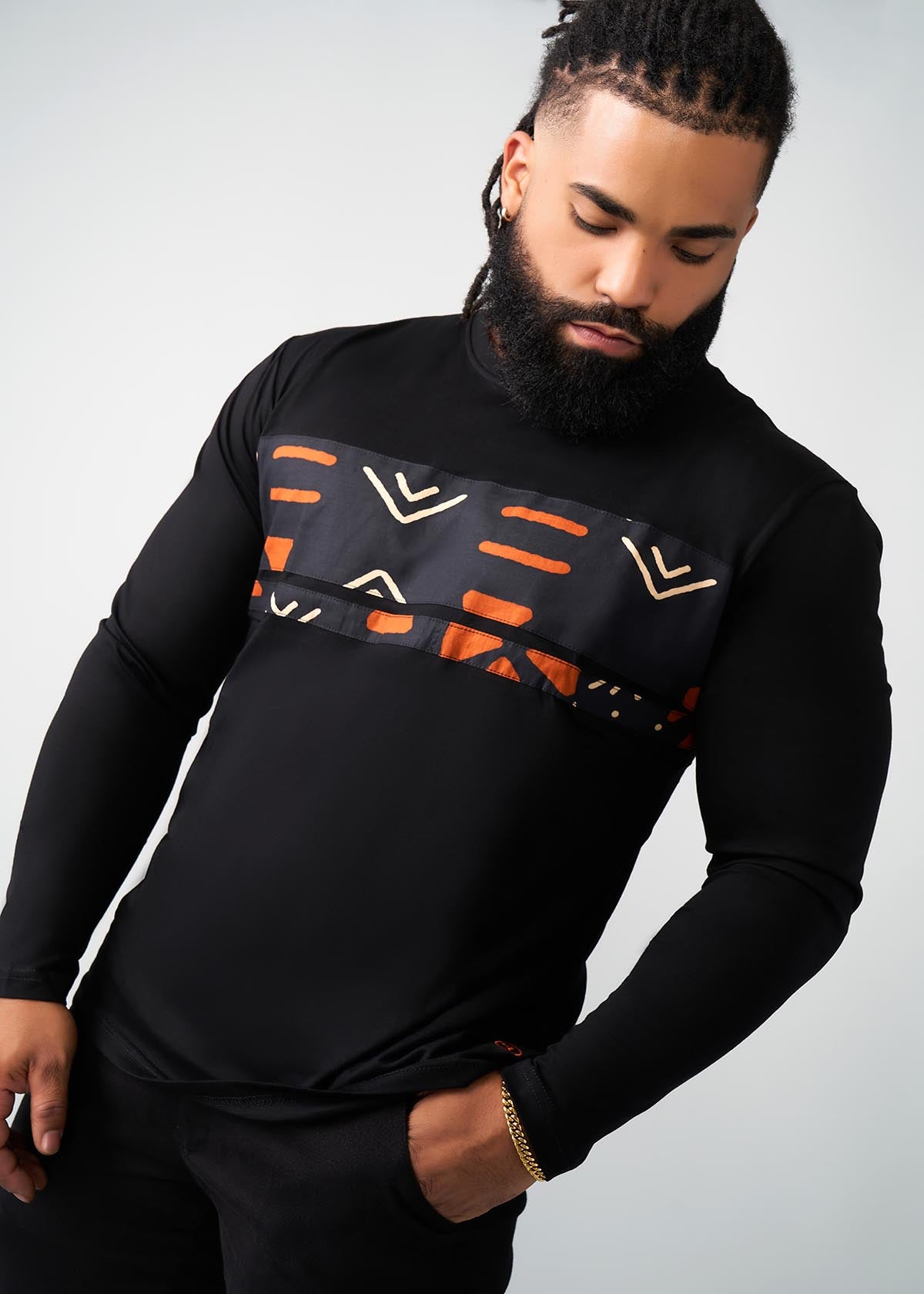 Ore Men's African Print Long Sleeve T-shirt (Black/Natural Mudcloth) - D'IYANU