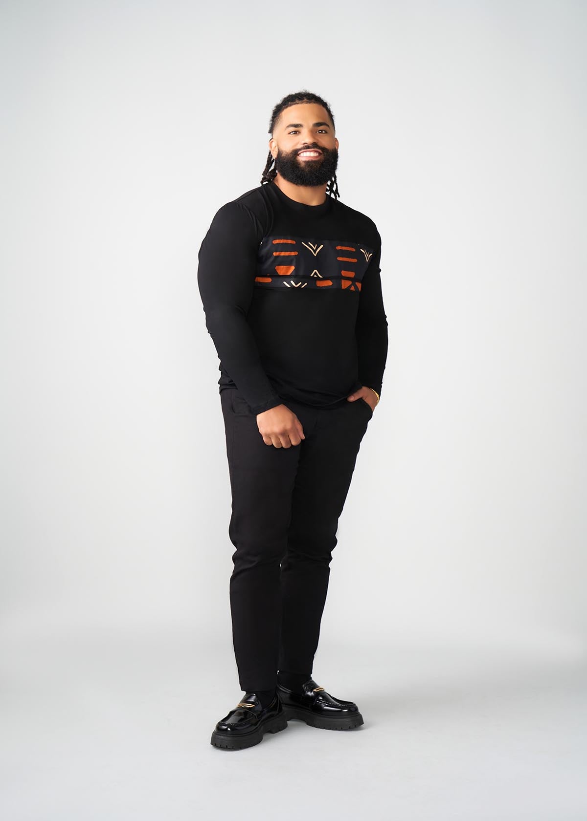 Ore Men's African Print Long Sleeve T-shirt (Black/Natural Mudcloth) - D'IYANU