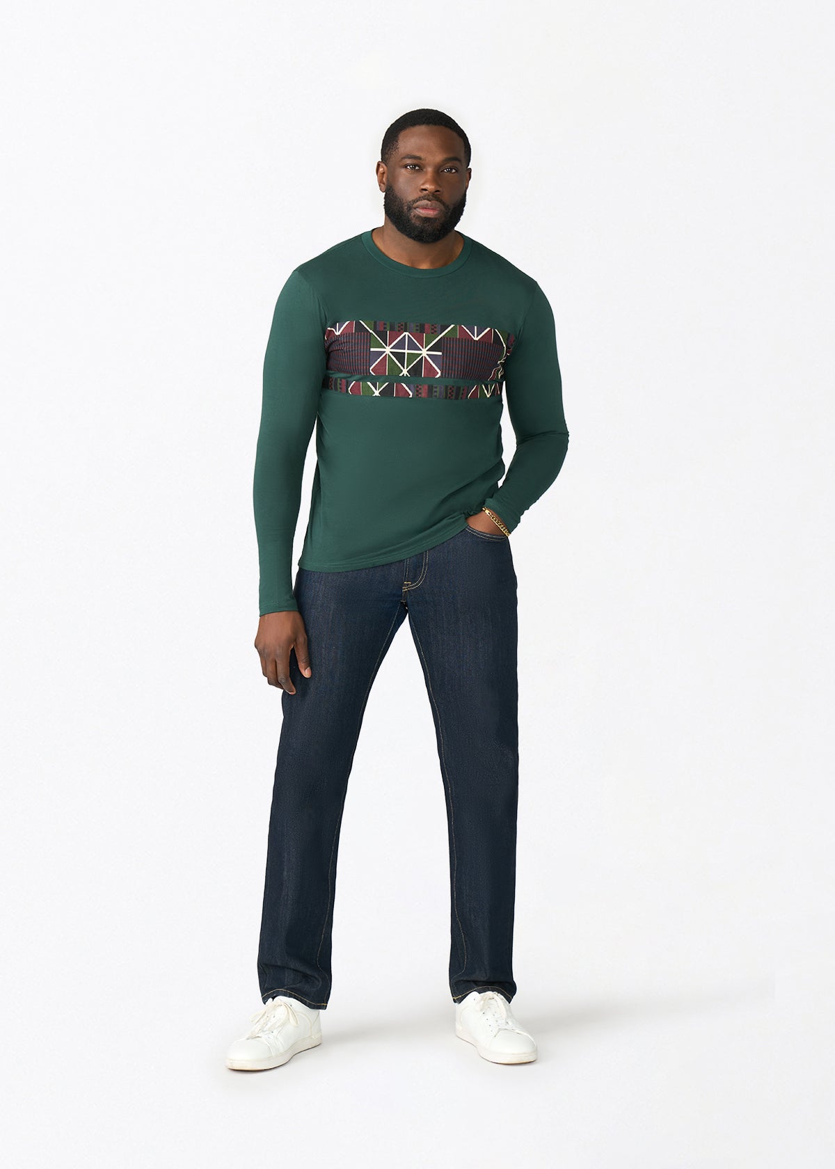 Osei Men's Long Sleeve African Print Applique T-Shirt (Black Red Kente) - D'IYANU