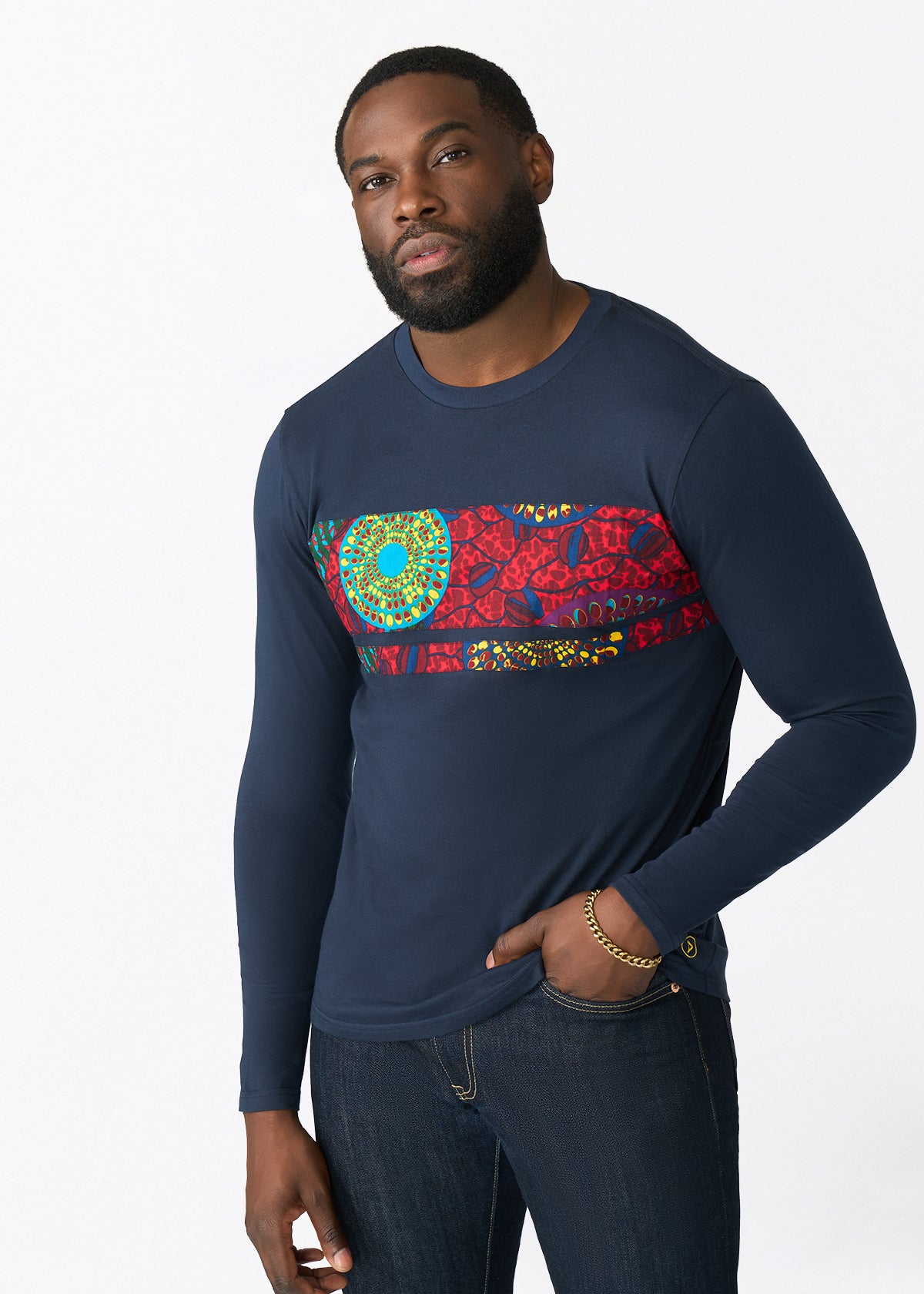 Osei Men's Long Sleeve African Print Applique T-Shirt (New Harvest Multipattern) - D'IYANU