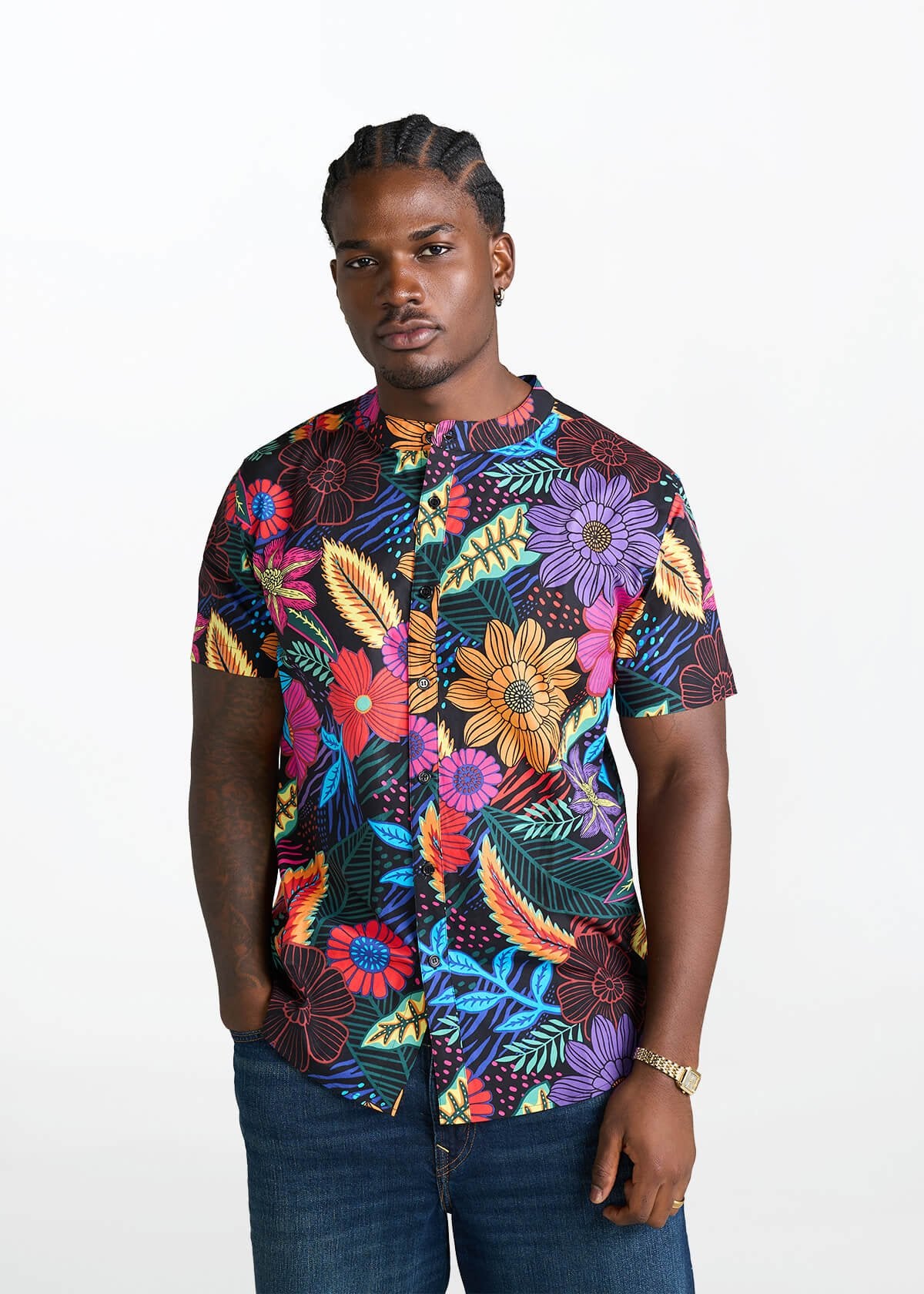Oumar Men's African Print Mandarin Button-Up Shirt (Black Tropical Floral) - D'IYANU