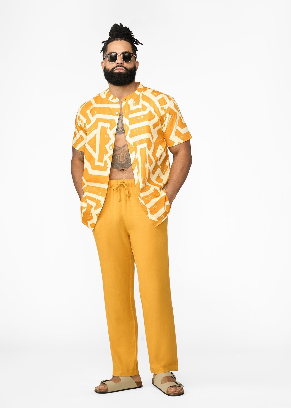 Oumar Men's African Print Mandarin Button-up Shirt (Gold Cream Tribal) - D'IYANU