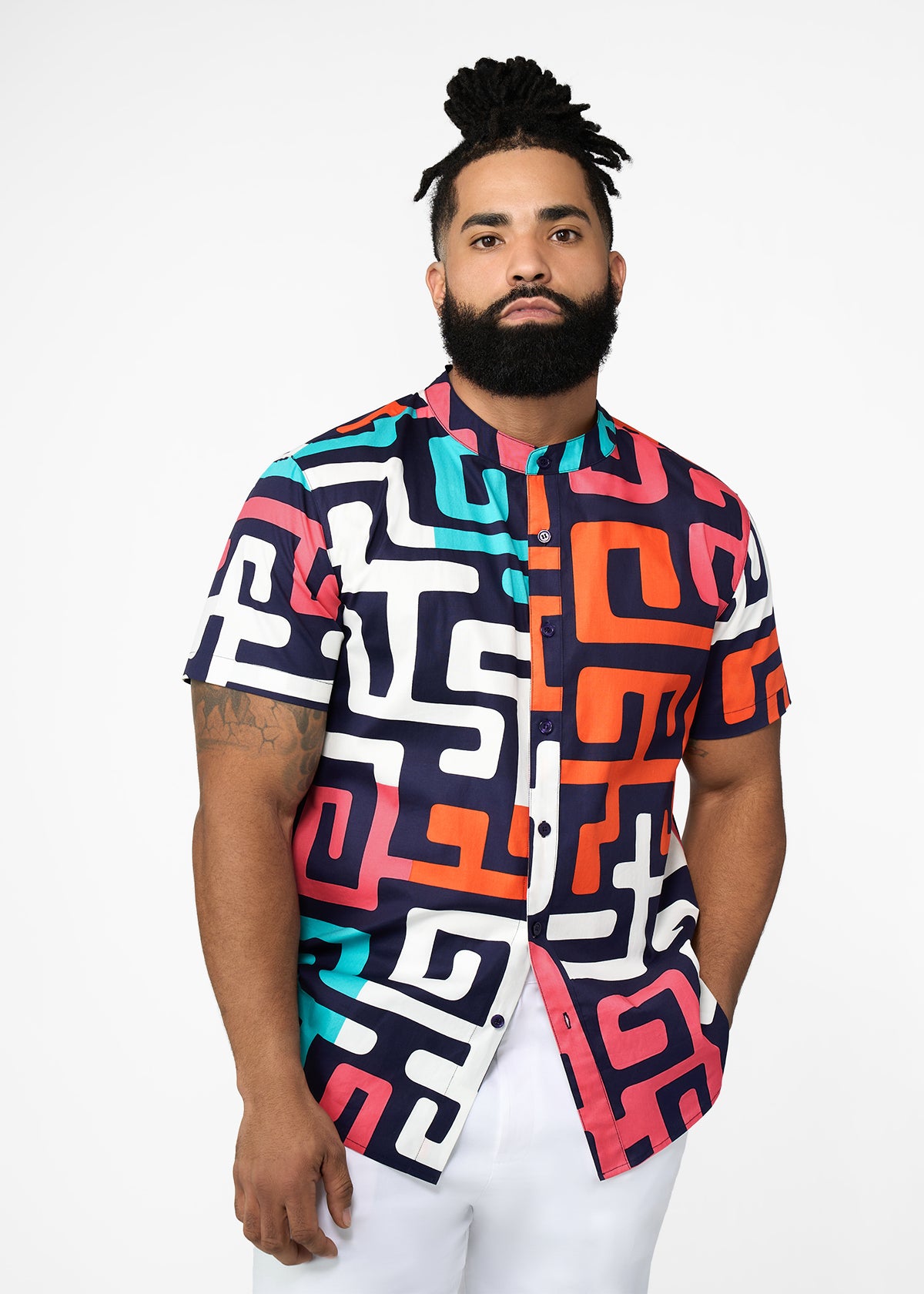 Oumar Men's African Print Mandarin Button-up Shirt (Confetti Kuba) - D'IYANU