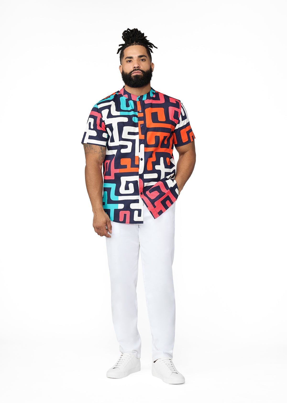 Oumar Men's African Print Mandarin Button-up Shirt (Confetti Kuba) - D'IYANU
