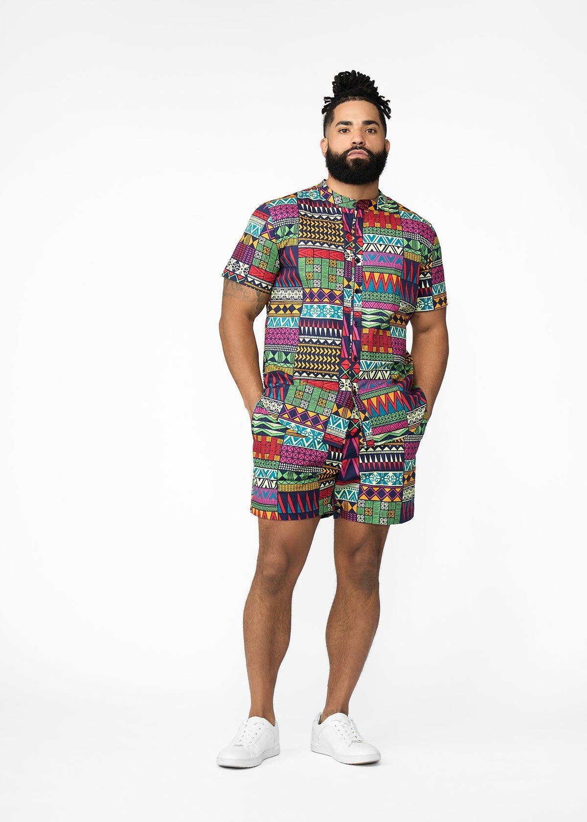 Tiziri Men's African Print Shorts (Green Navy Kente) - Clearance - D'IYANU