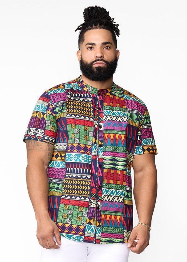 Oumar Men's African Print Mandarin Button-Up Shirt (Green Navy Kente) - D'IYANU