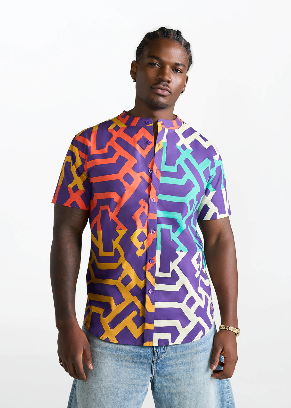 Oumar Men's African Print Mandarin Button-up Shirt (Purple Multicolor Tribal) - D'IYANU