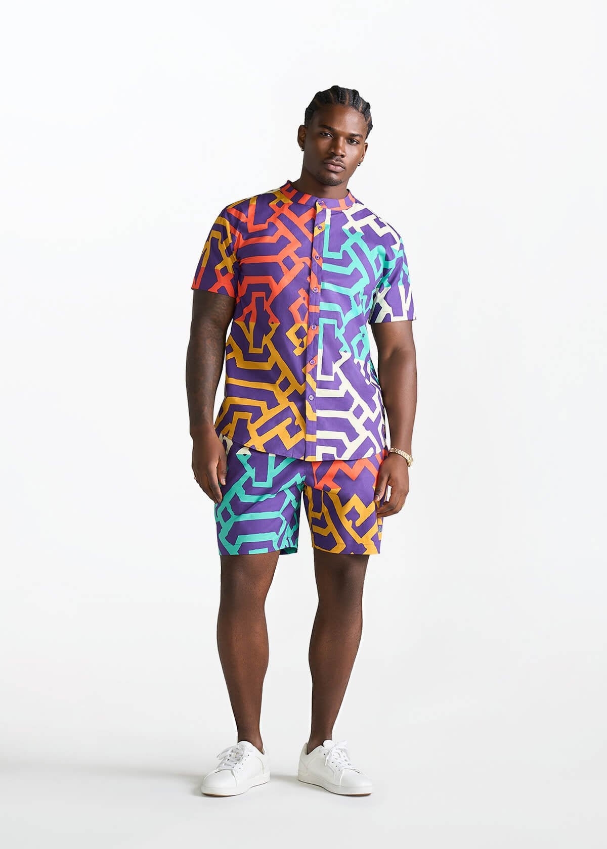 Oumar Men's African Print Mandarin Button-up Shirt (Purple Multicolor Tribal) - D'IYANU