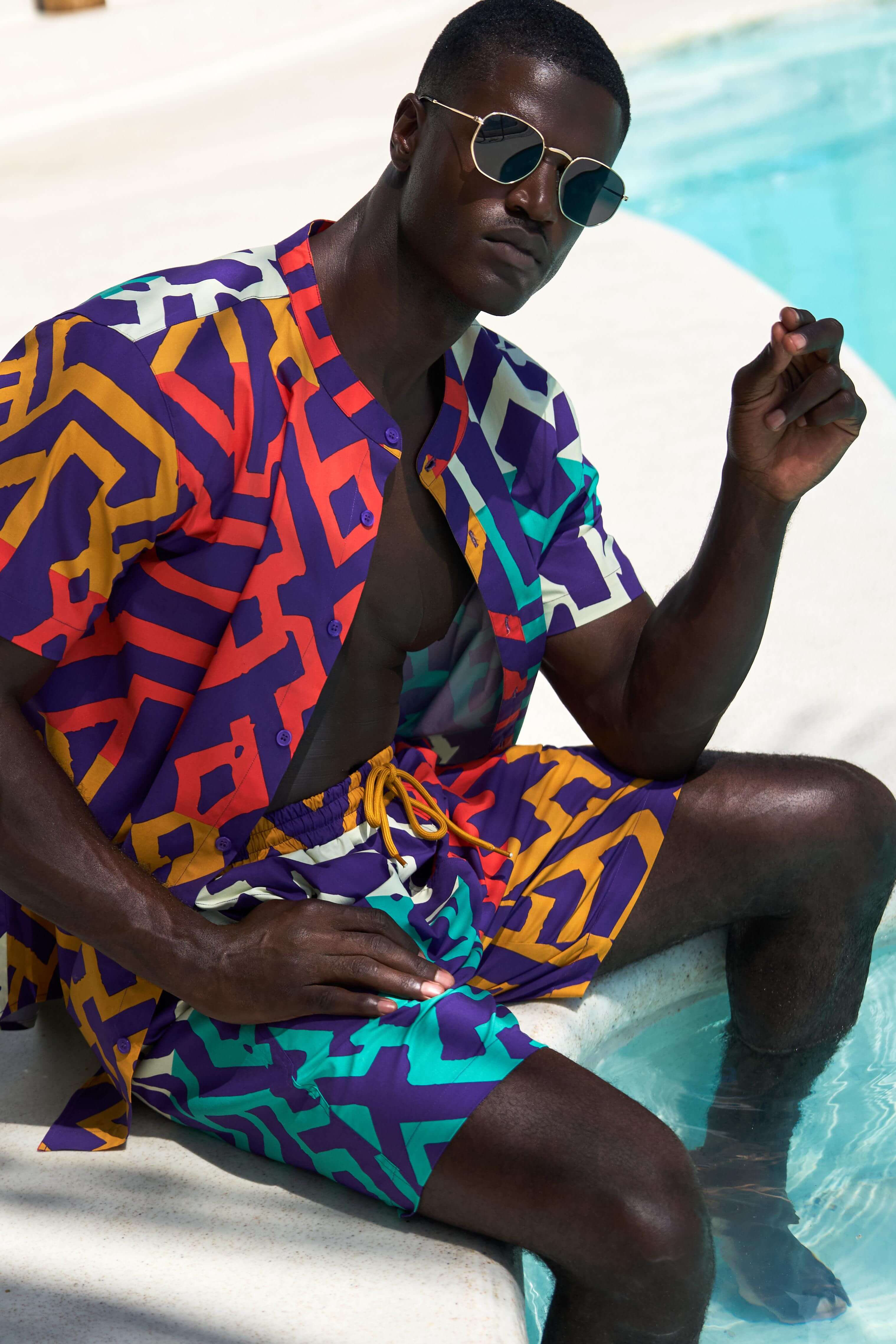 Oumar Men's African Print Mandarin Button-up Shirt (Purple Multicolor Tribal)
