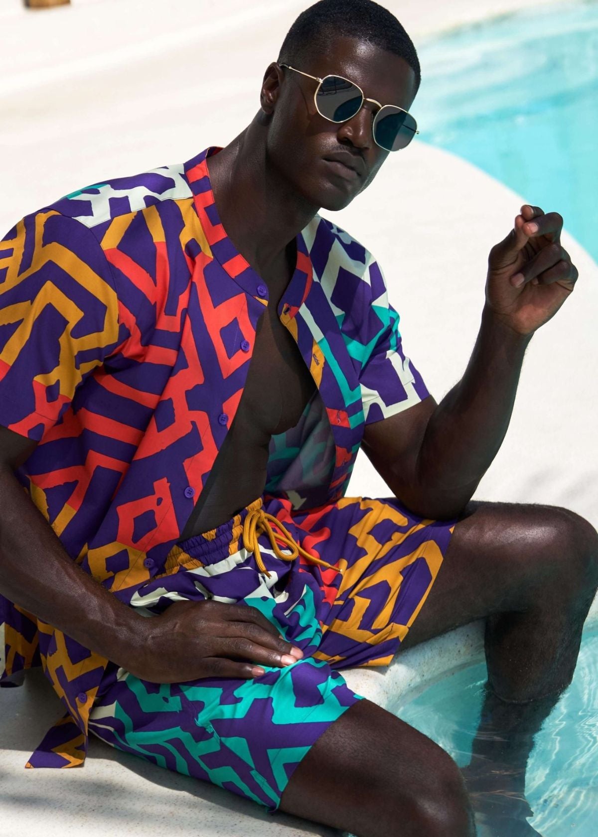 Oumar Men's African Print Mandarin Button-up Shirt (Purple Multicolor Tribal) - D'IYANU