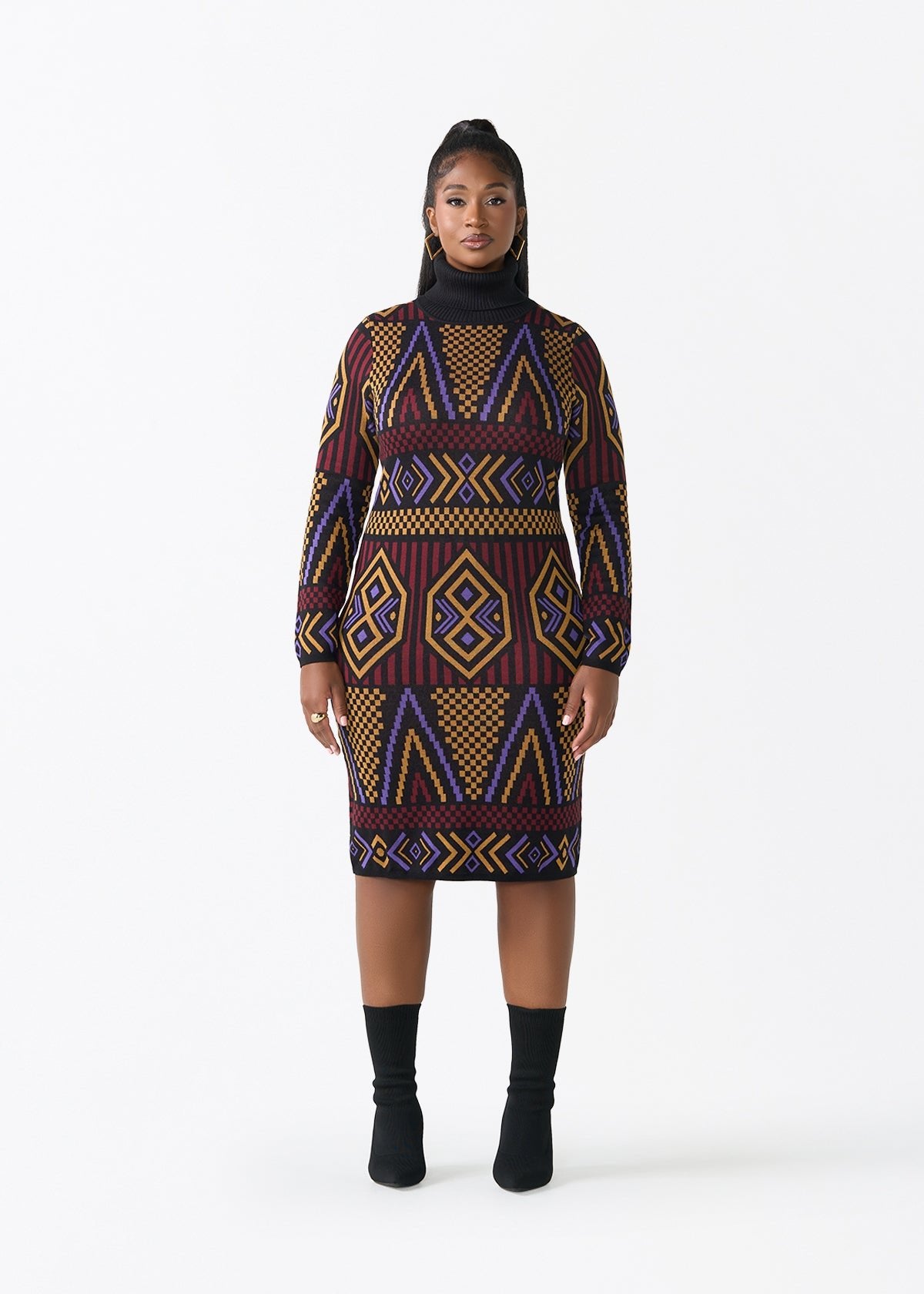 Palesa Women's African Print Turtleneck Sweater Dress (Black Burgundy Tribal) - D'IYANU
