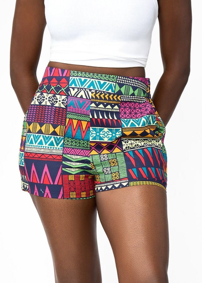Rakiya Women's African Print High-Waisted Shorts (Green Navy Kente) - D'IYANU