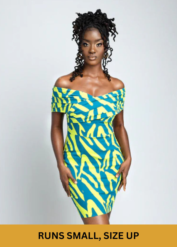 Rashida Women's African Print Stretch Dress (Lime Zebra Abstract)