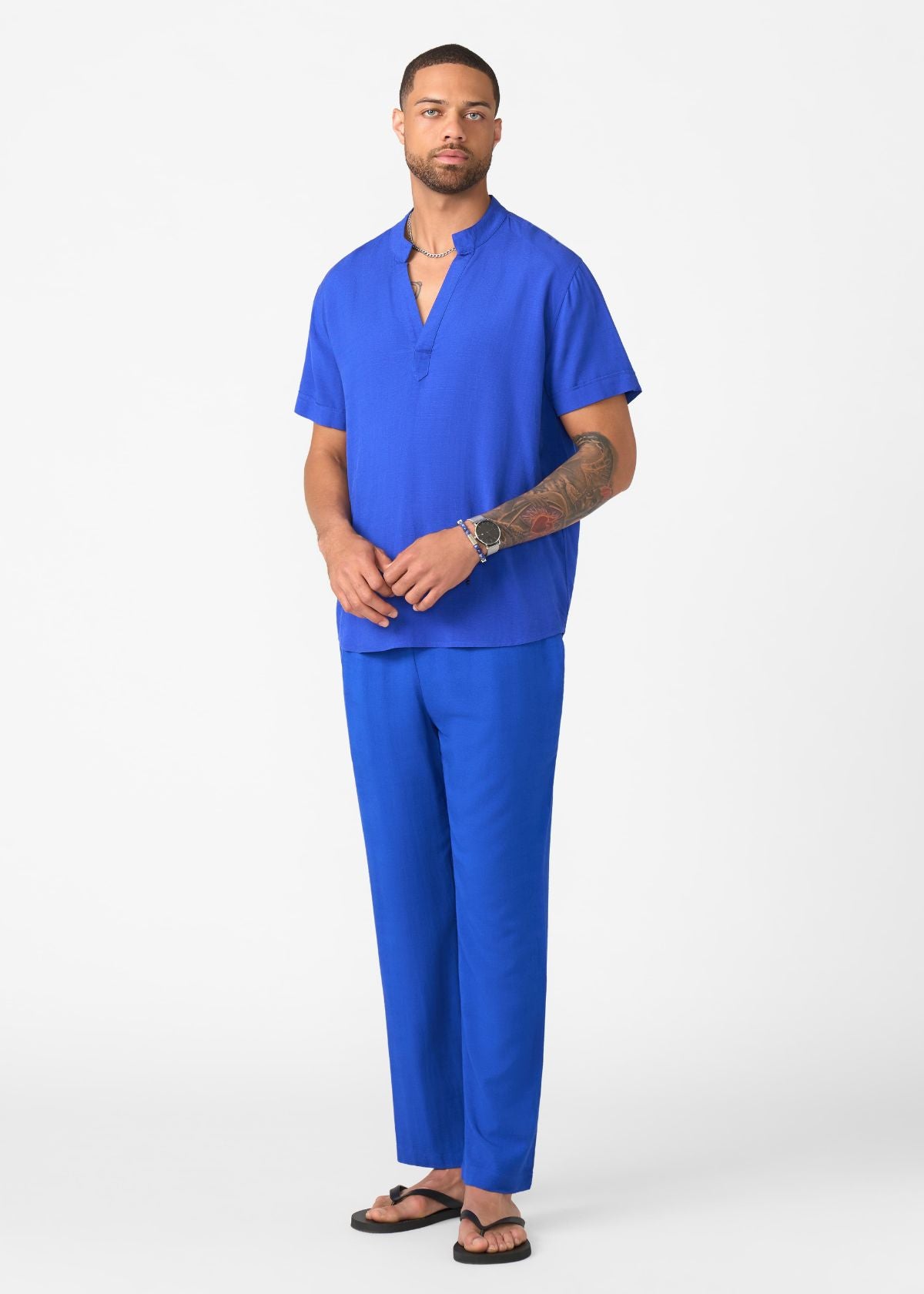Refiloe Men's African Linen Blend Tunic (Cobalt) - D'IYANU